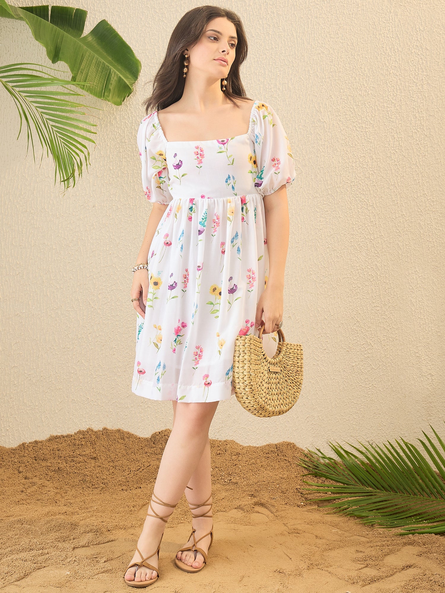 White Floral Printed Fit & Flare Mini Dress