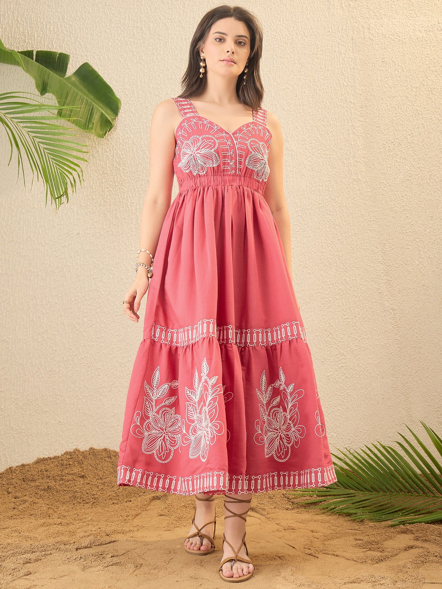 Pink Floral Embroidered Fit & Flare Dress