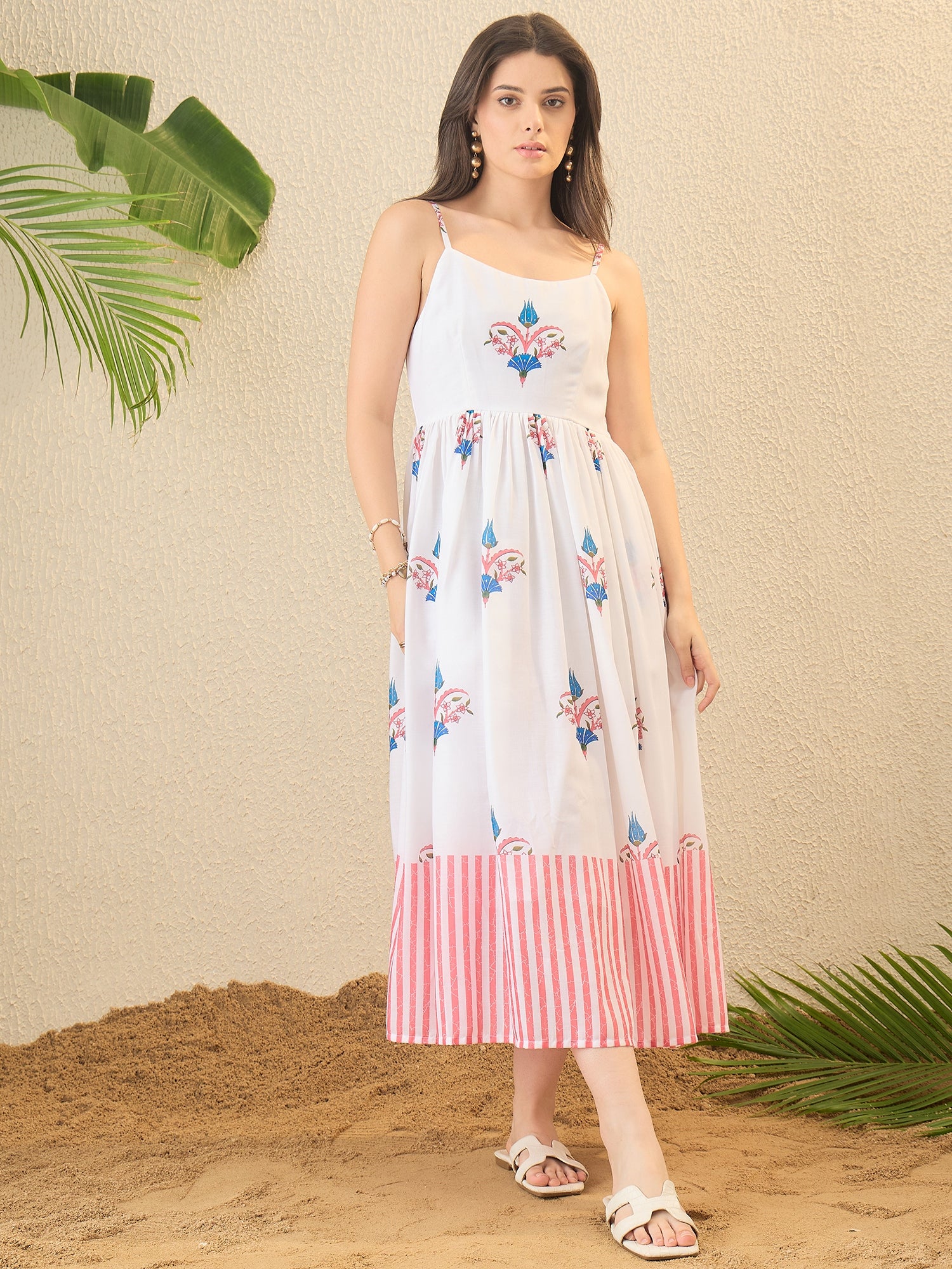 White Floral Print Fit & Flare Dress