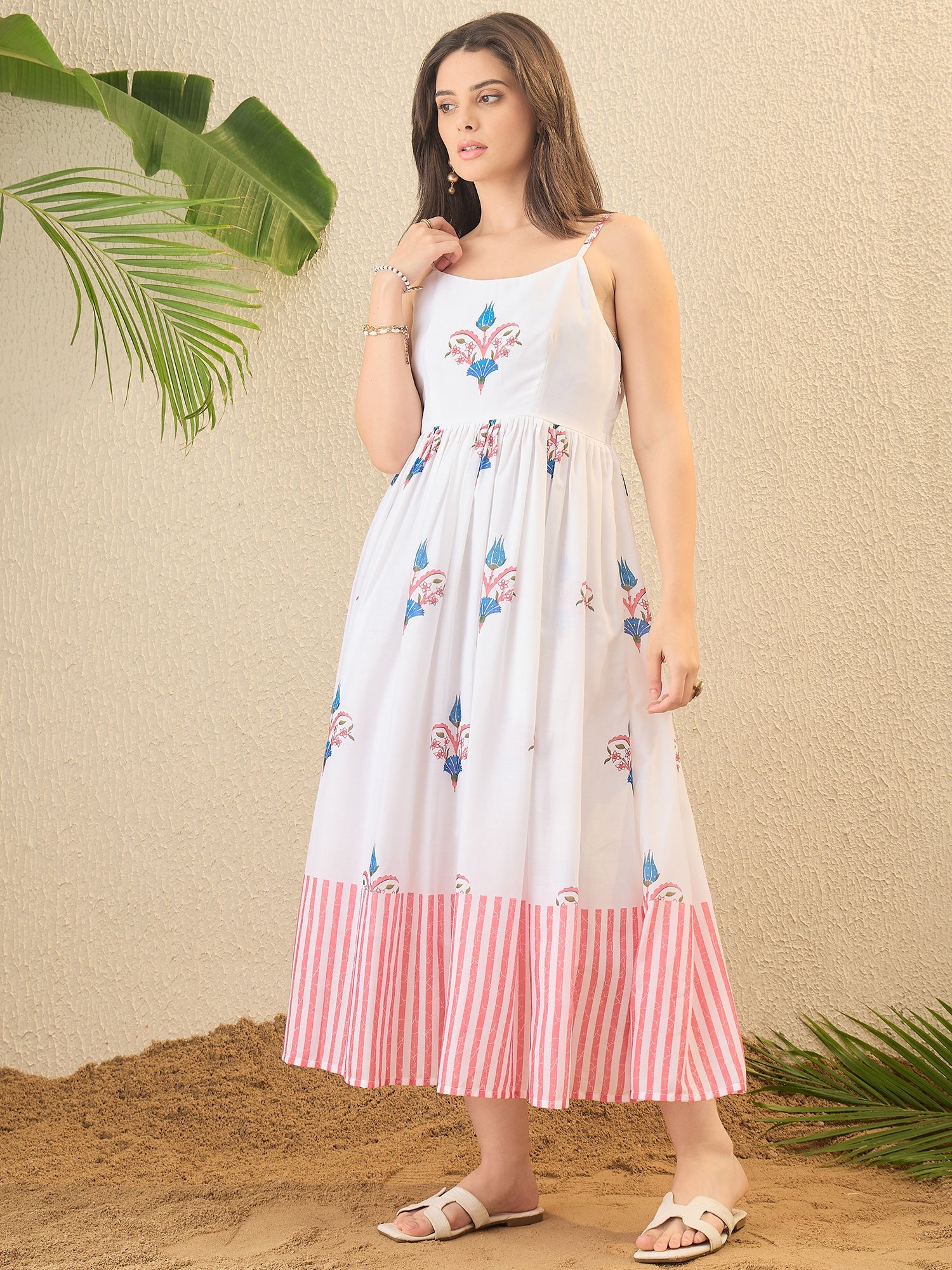 White Floral Print Fit & Flare Dress