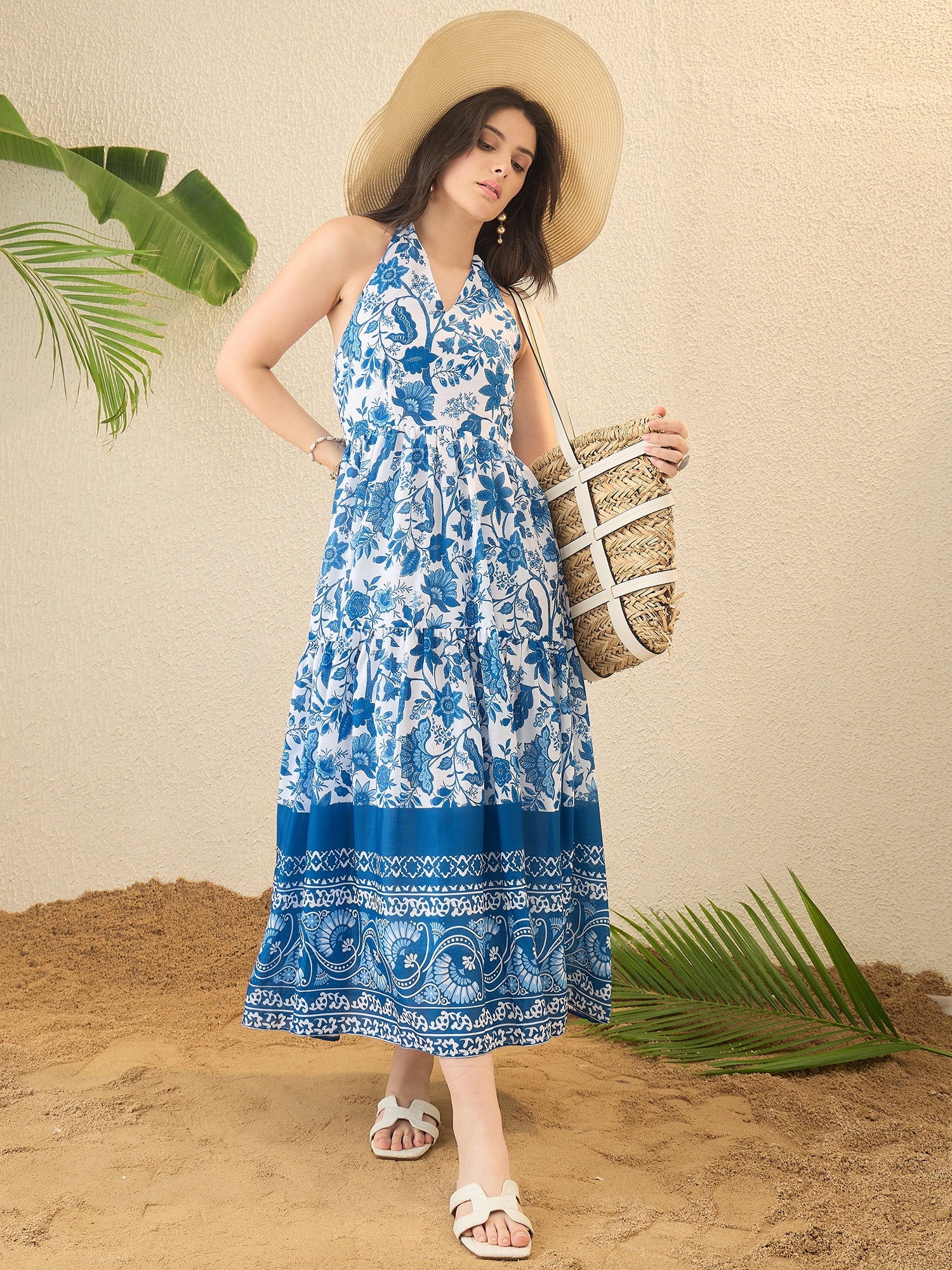 White and Blue Floral Printed A-line Midi Dress