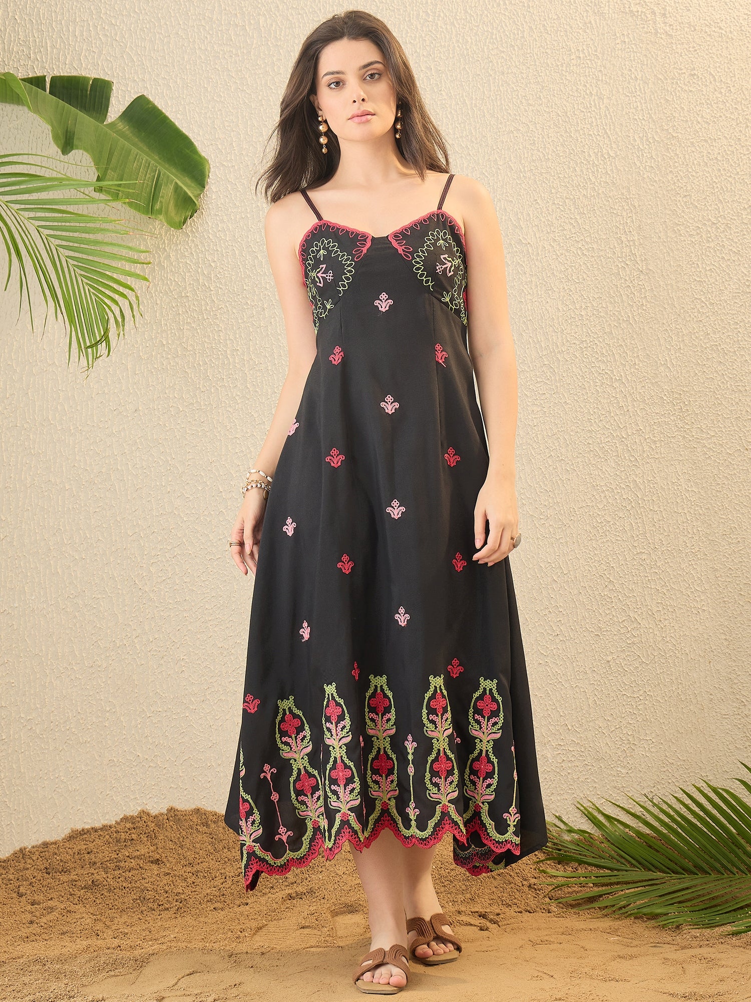 Black Ethnic Motifs Embroidered A-line Dress