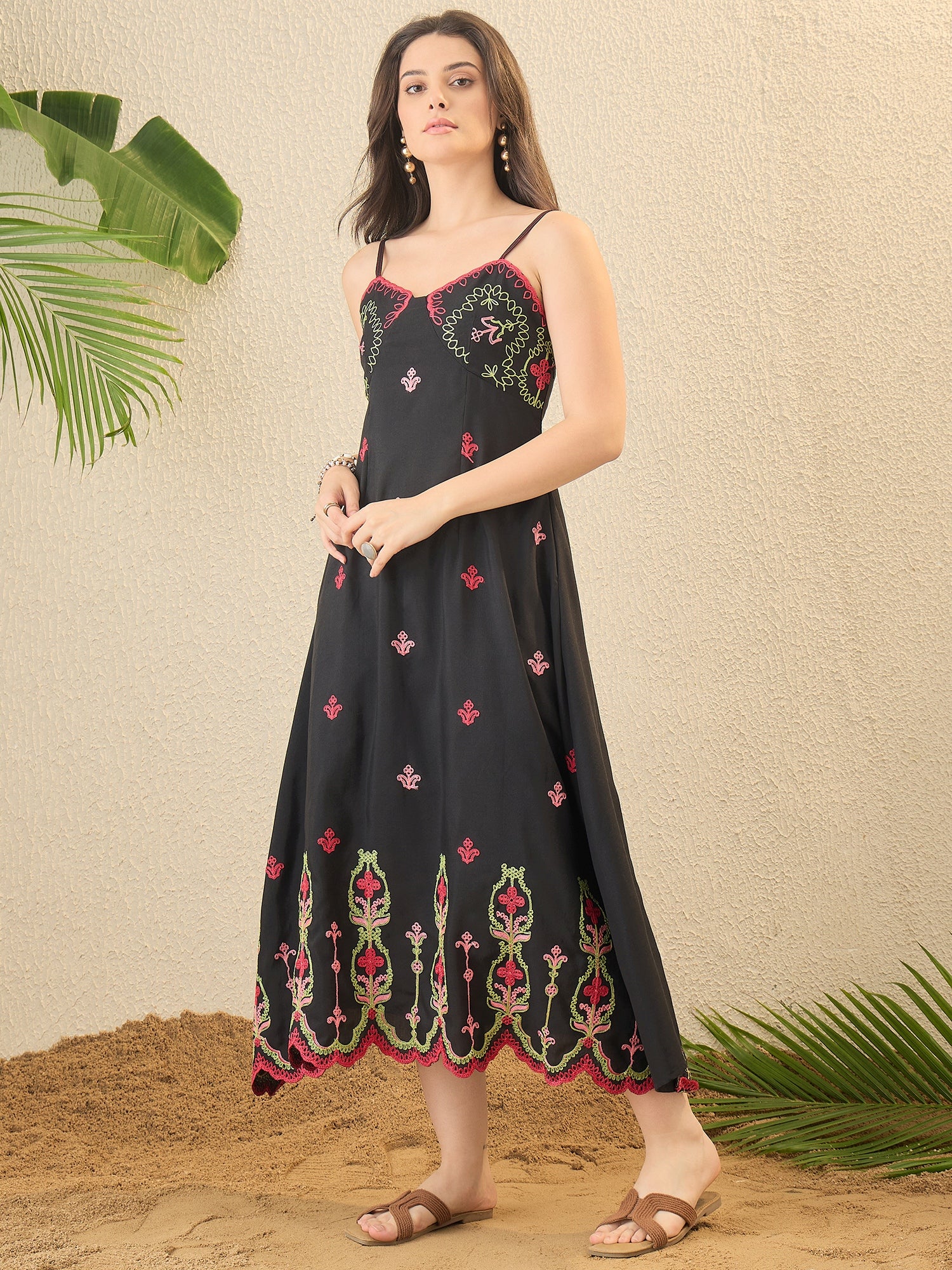 Black Ethnic Motifs Embroidered A-line Dress