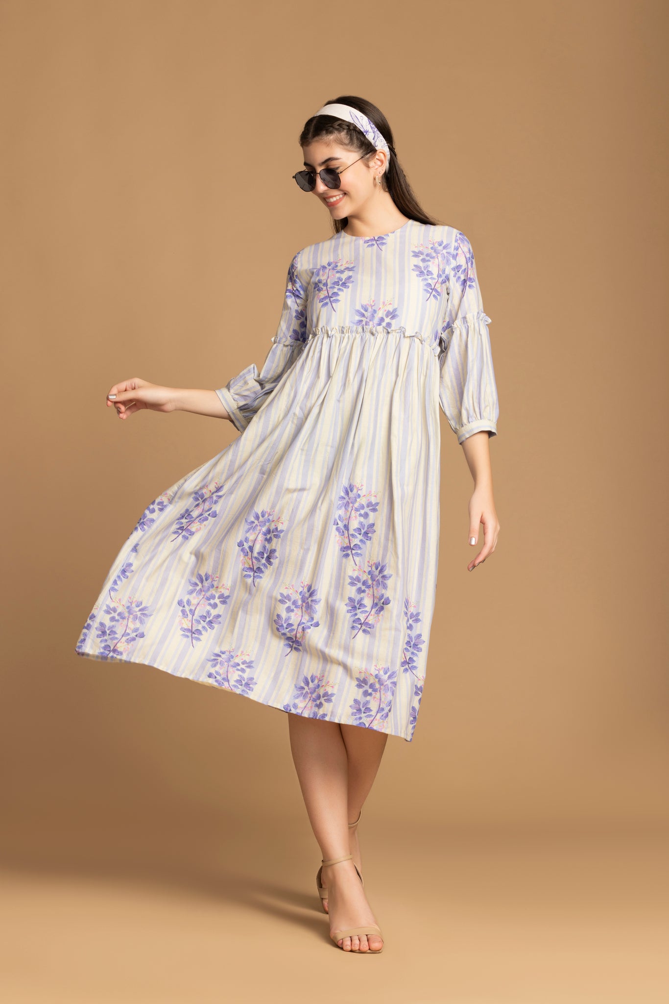 Beige Floral Printed Flared Dress