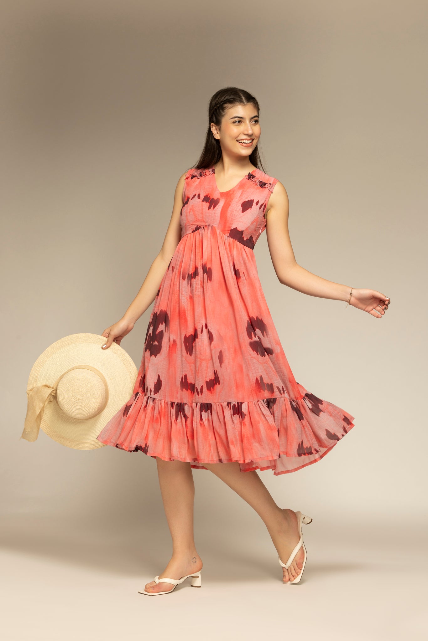 Cherry Red Printed Flared Dress