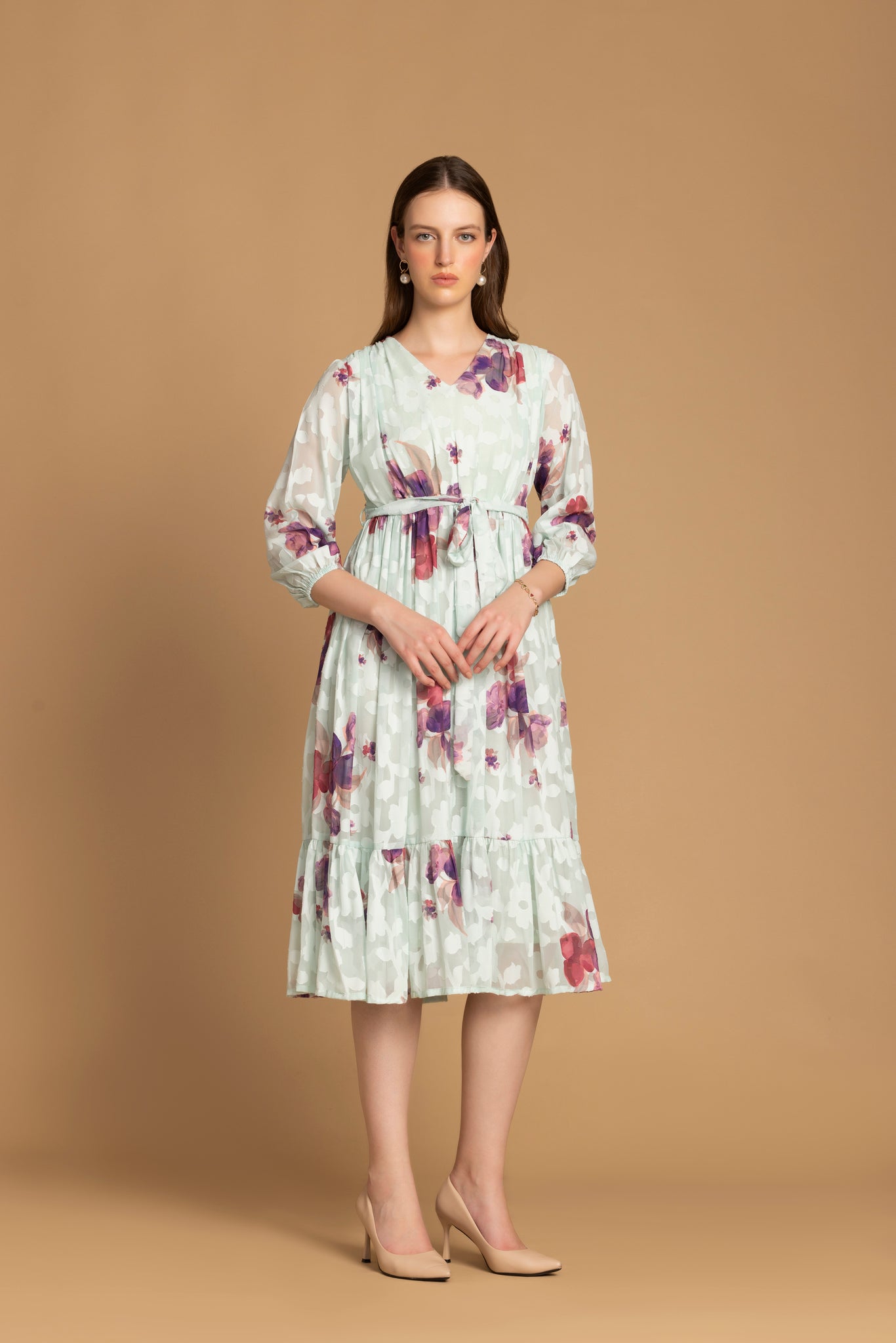 Sea Green Floral Printed A-Line Dress