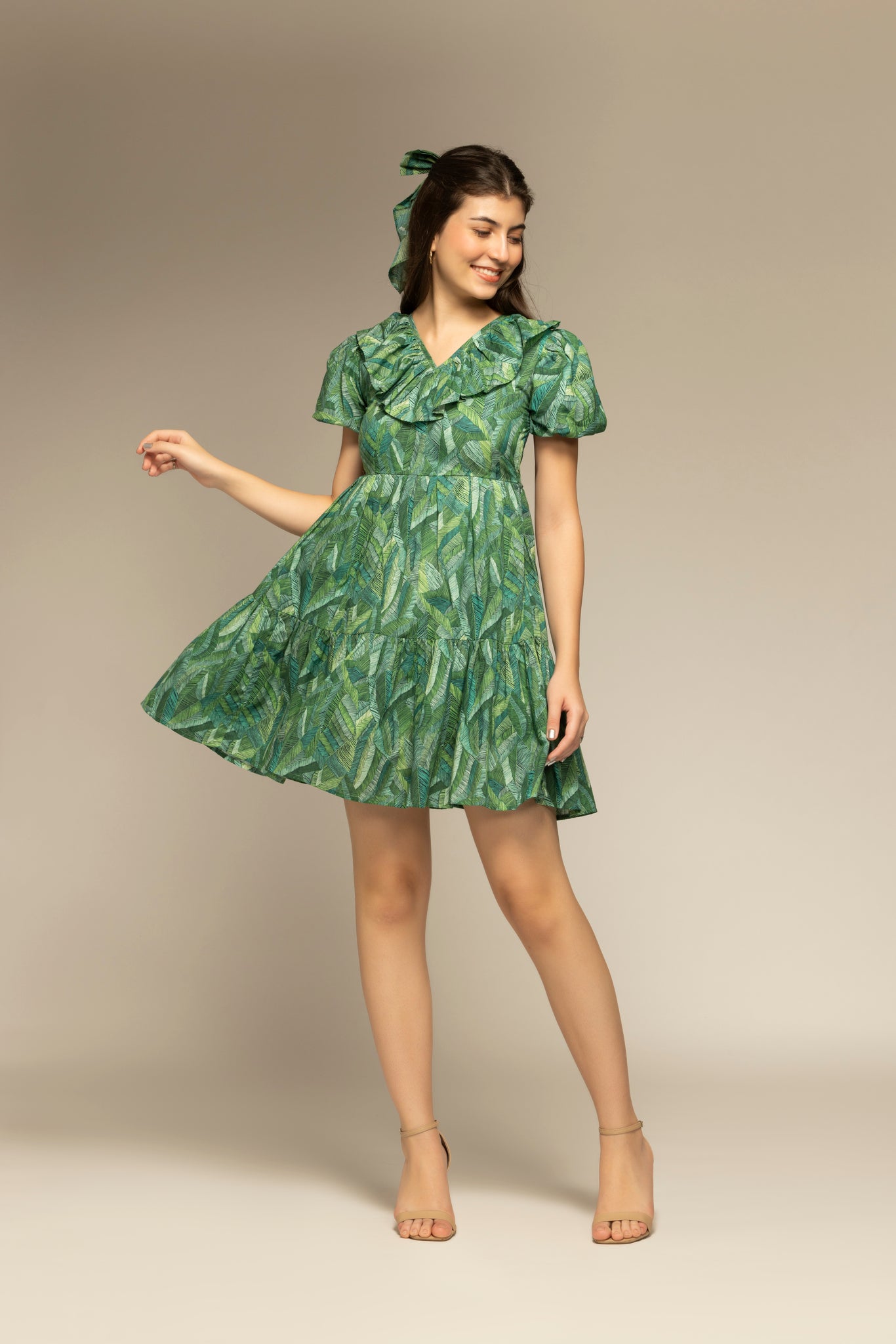 Green Abstract Printed Mini Dress