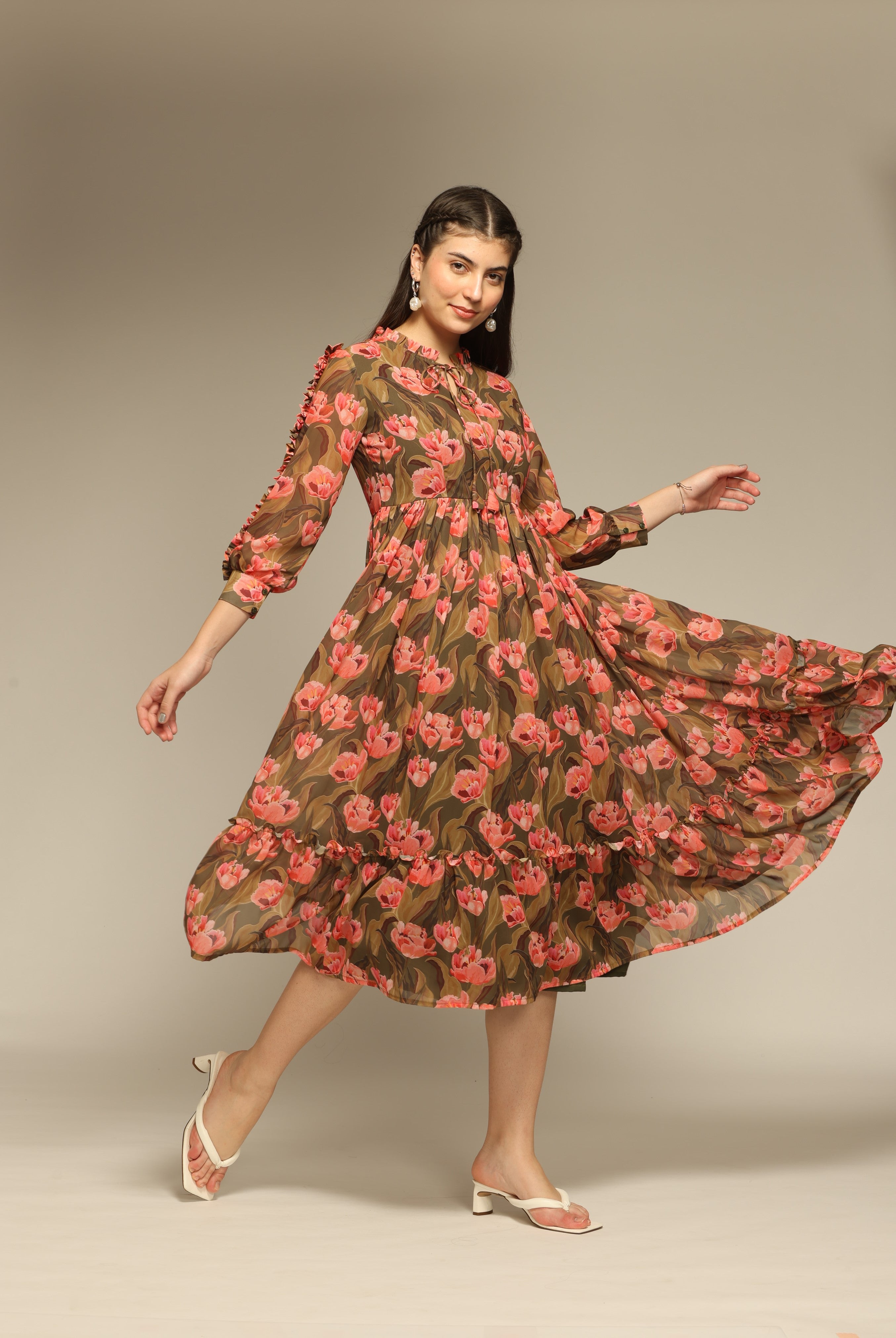 Olive Green Floral Printed Flared Dress