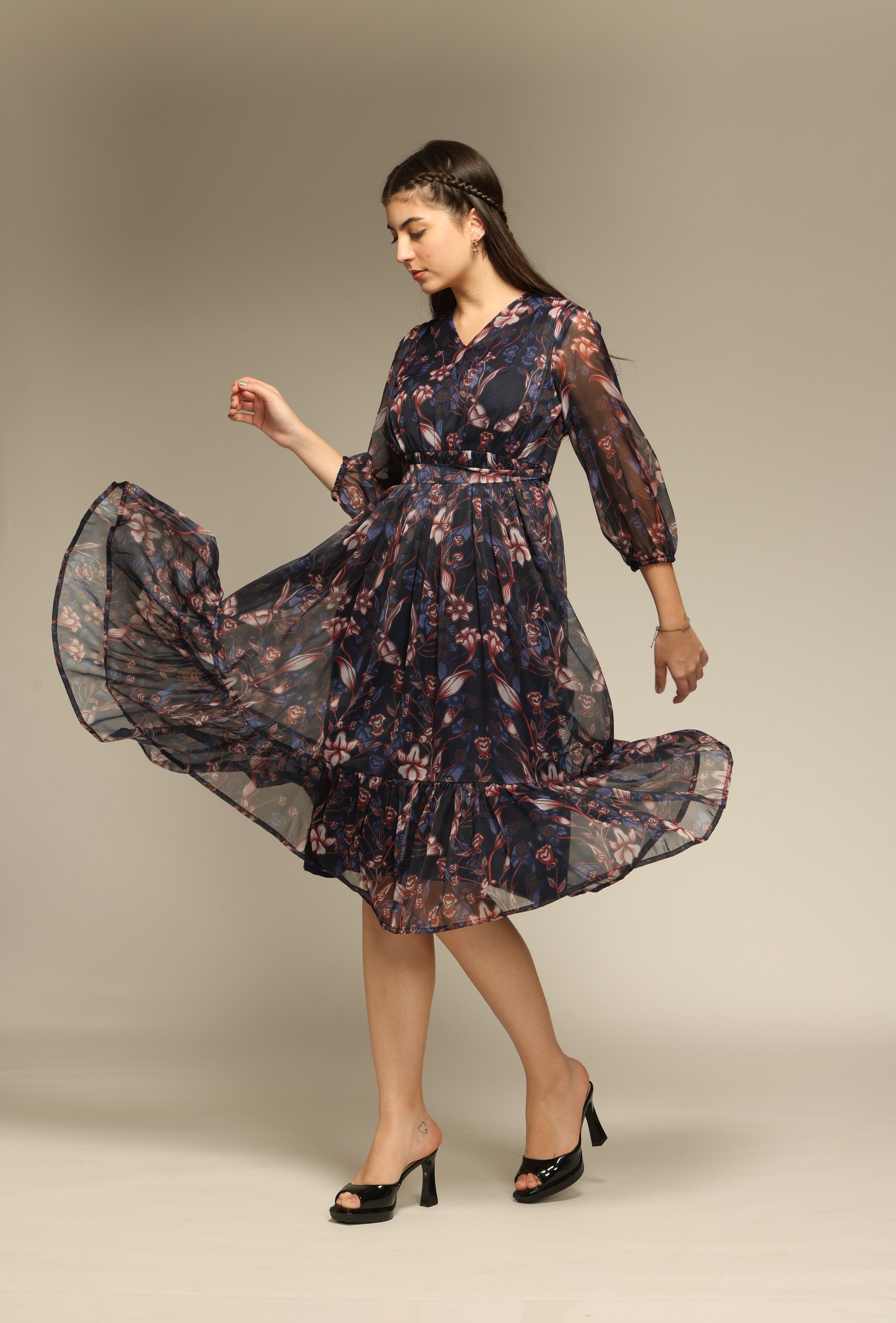 Blue Floral Printed Frilled Dress