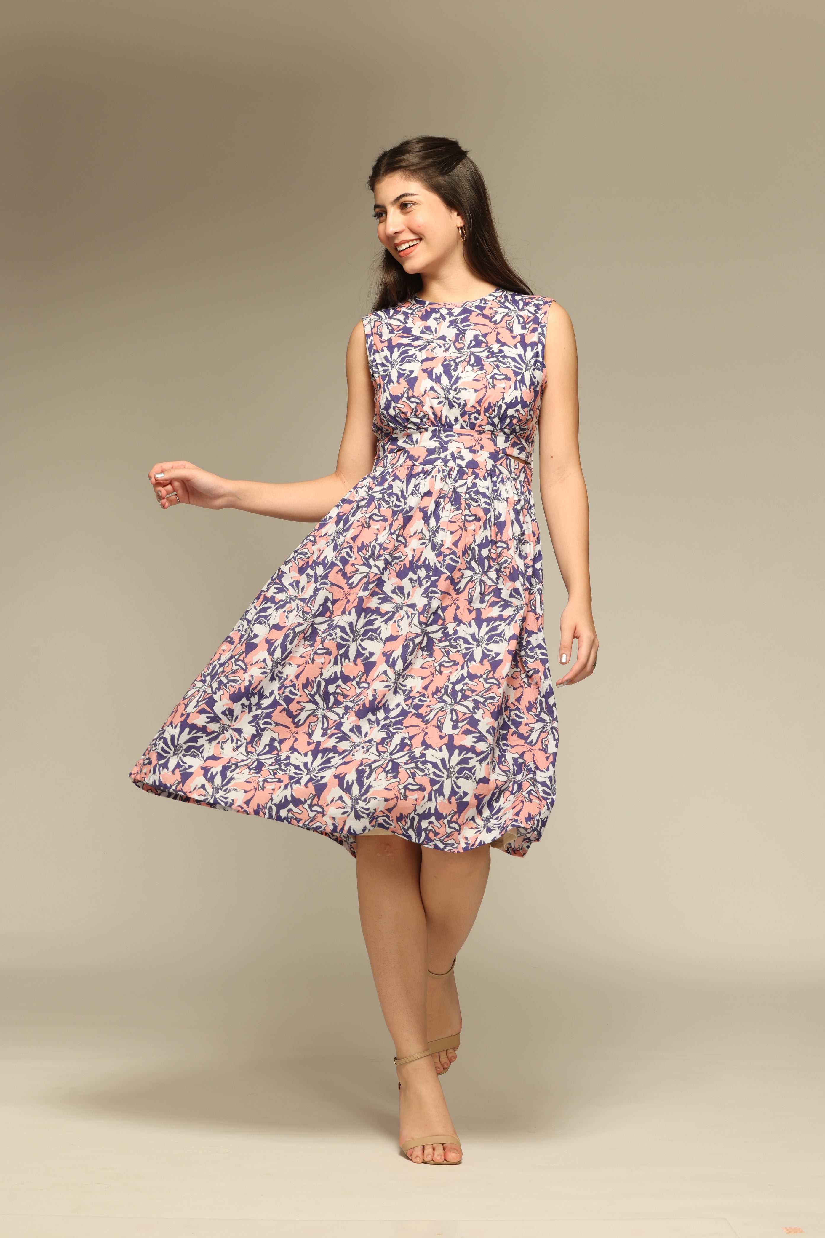 Blue Floral Printed Flared Dress