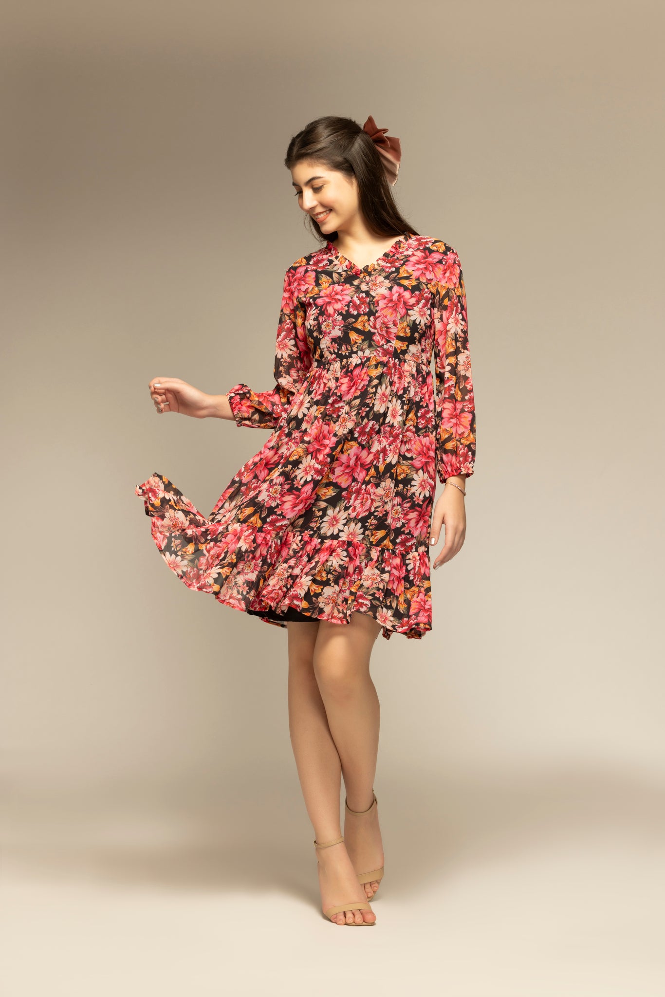 Black Floral Printed Mini Dress