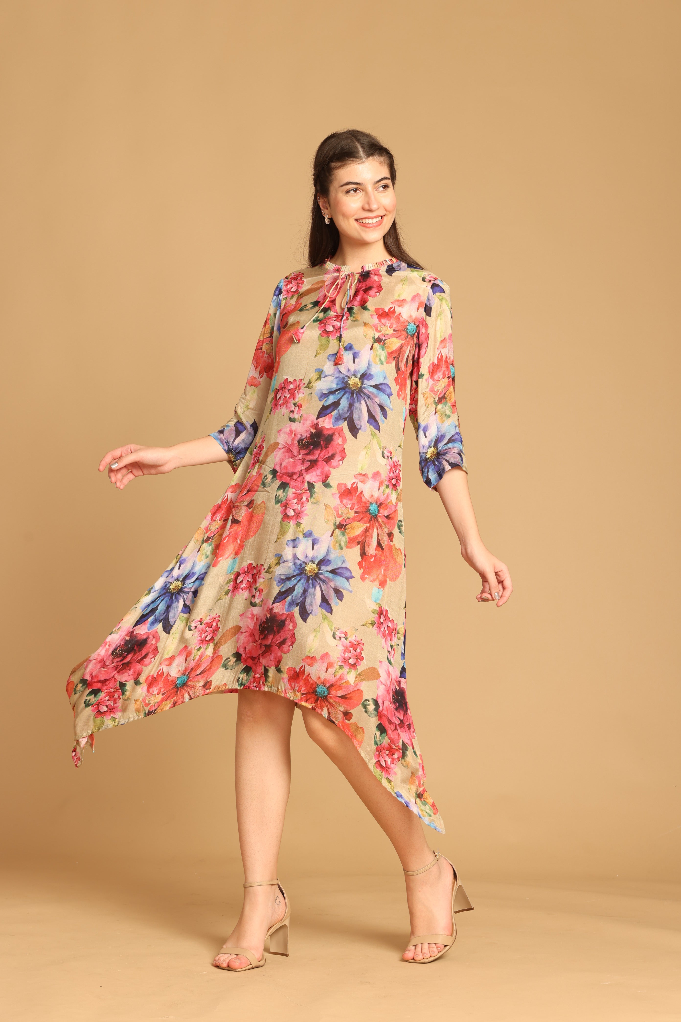 Golden Floral Printed Muslin Dress