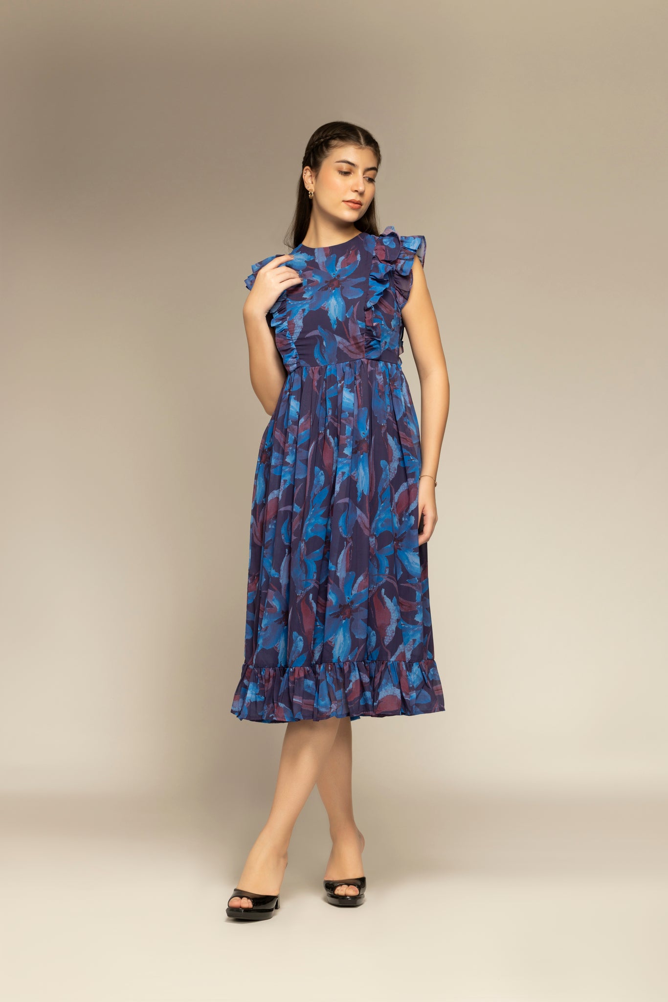 Blue Color Floral Printed Ruffle Sleeve Dress