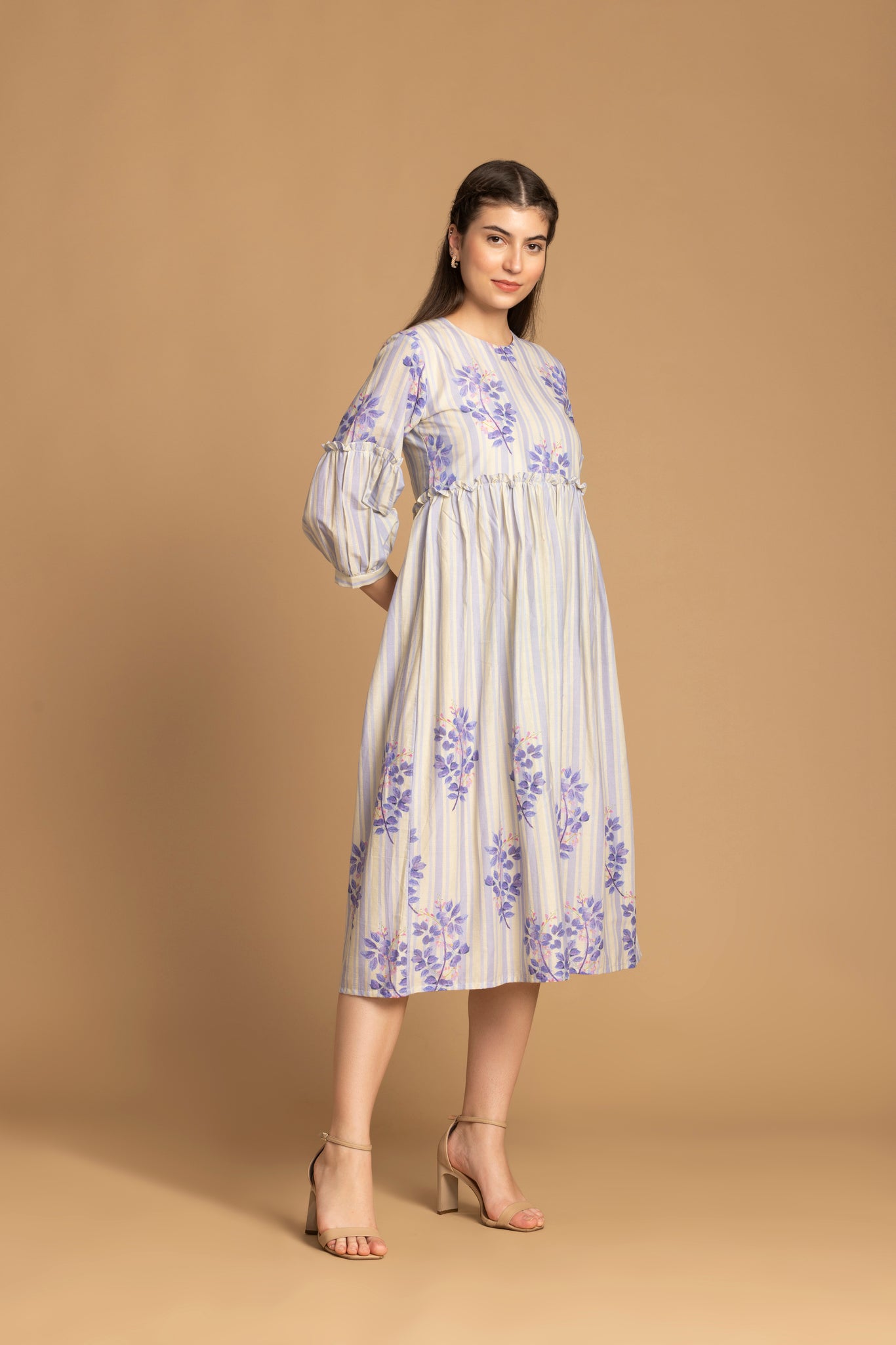 Beige Floral Printed Flared Dress