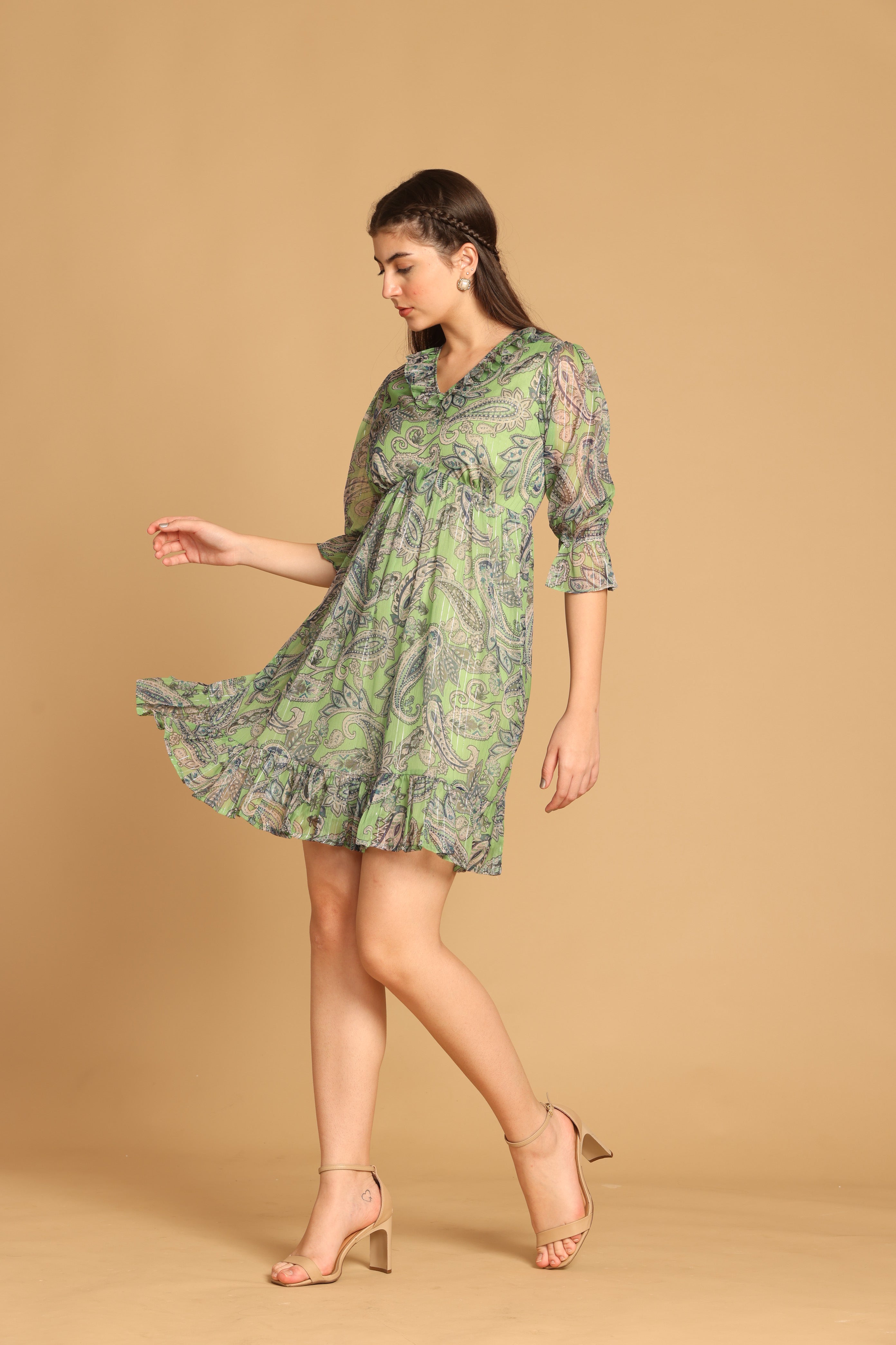 Green Geomatric Printed Flared Dress