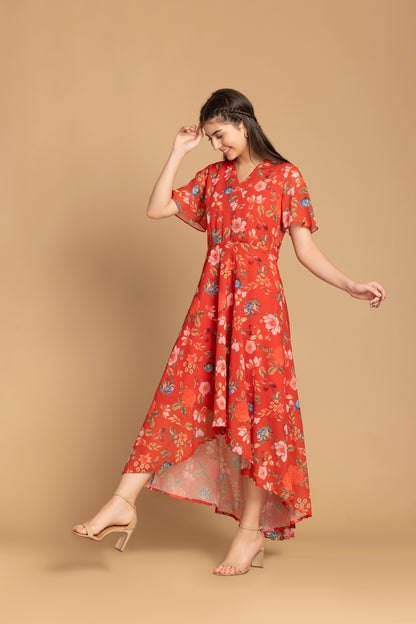 Chilli Red Floral Printed With Self Febric Belt