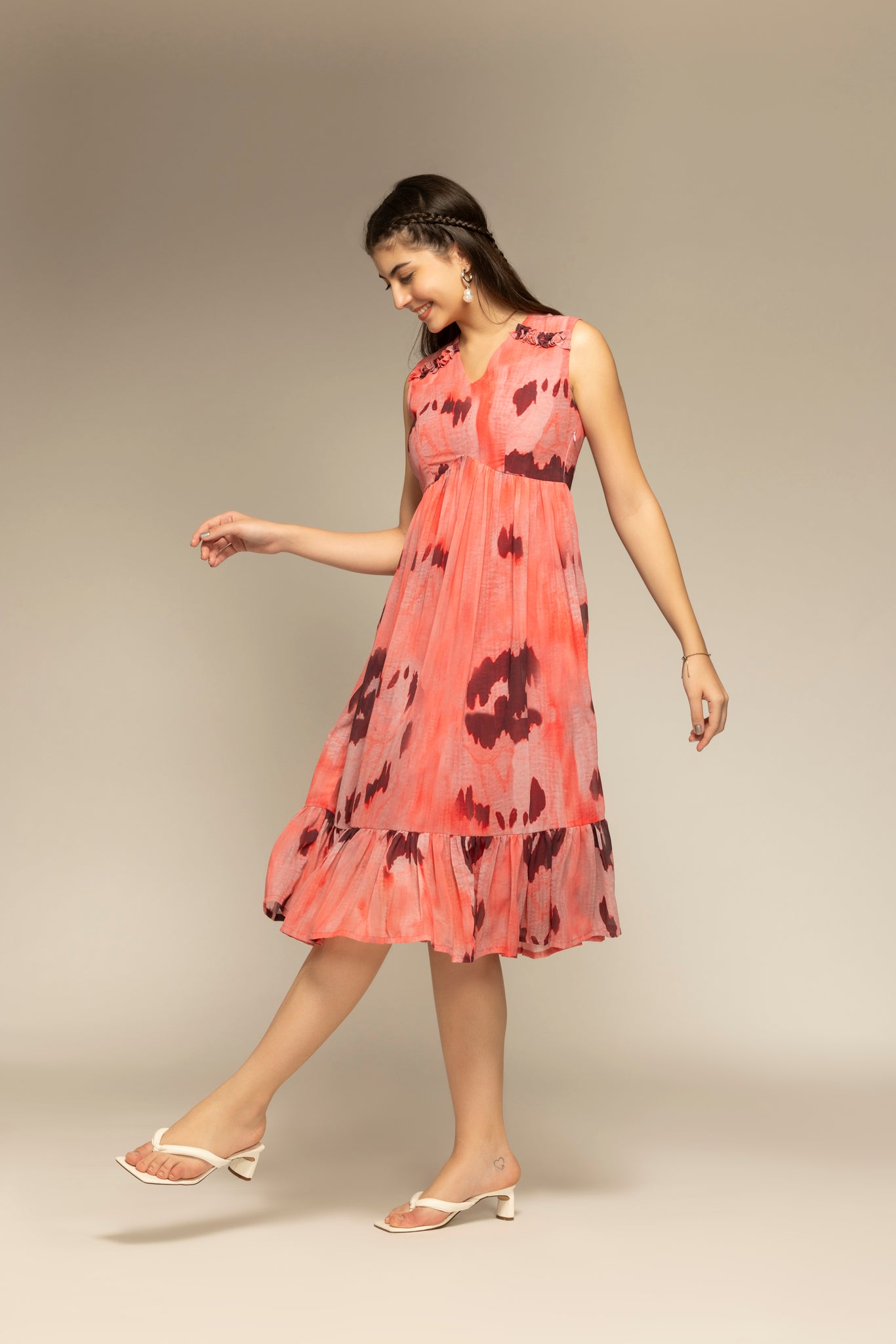 Cherry Red Printed Flared Dress