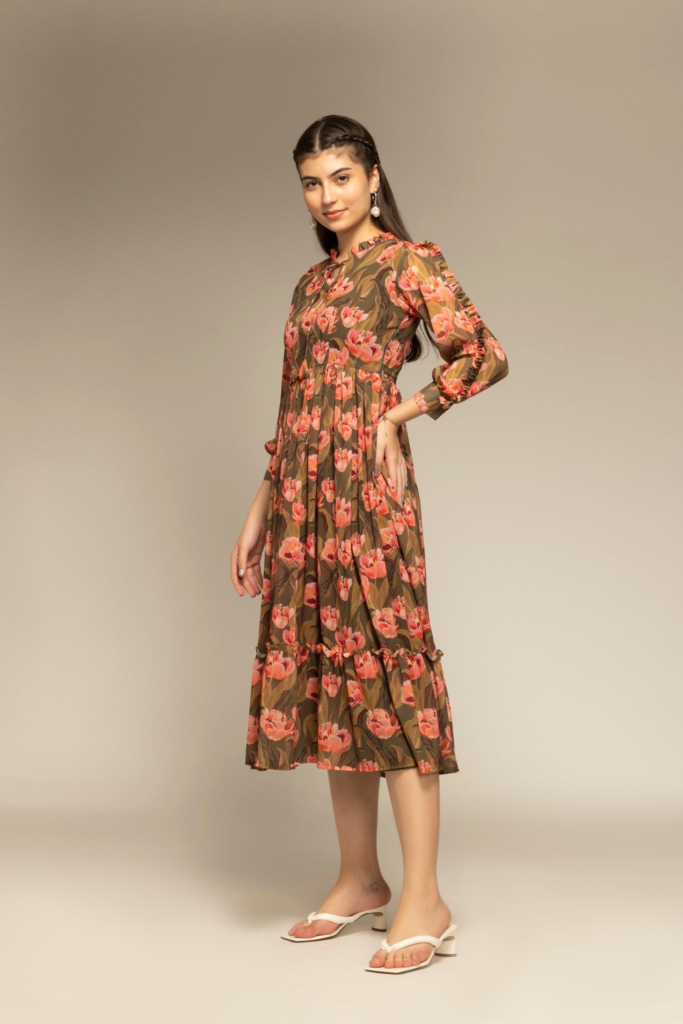 Olive Green Floral Printed Flared Dress