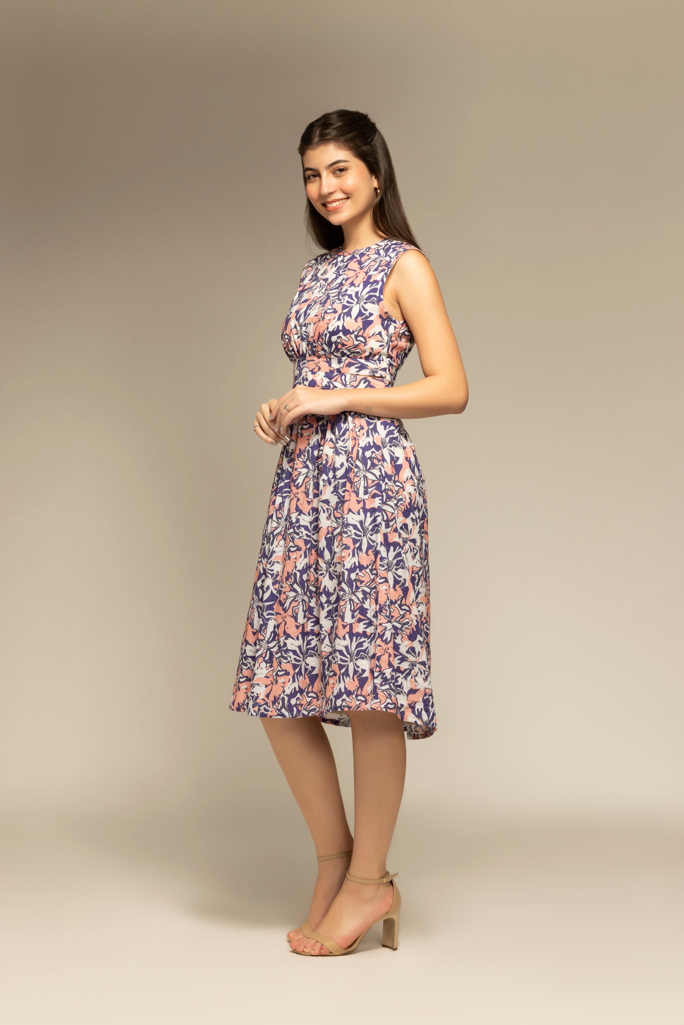 Blue Floral Printed Flared Dress