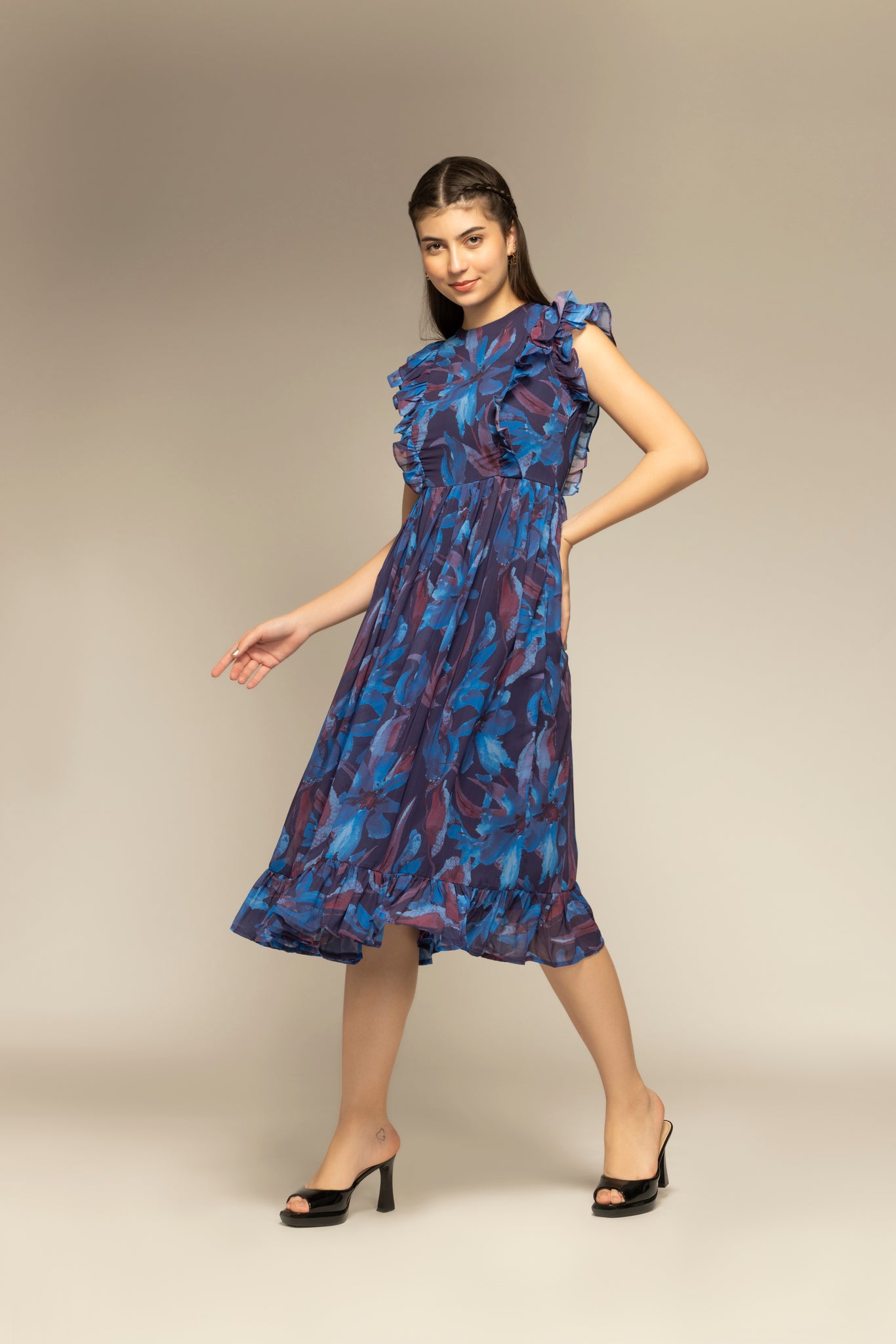 Blue Color Floral Printed Ruffle Sleeve Dress