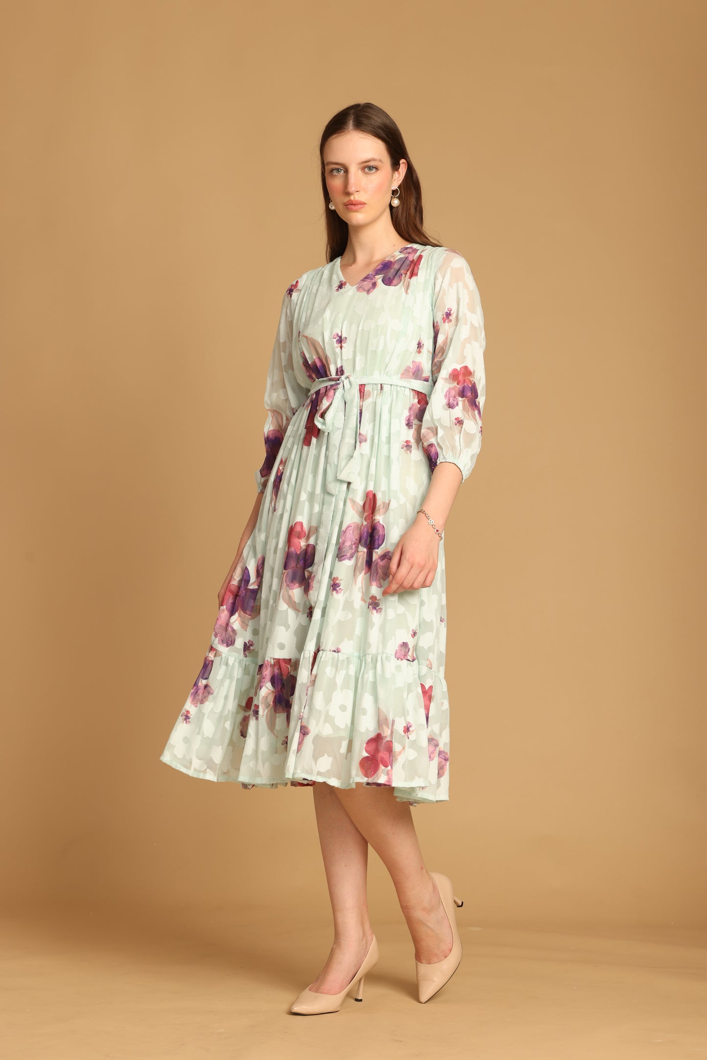 Sea Green Floral Printed A-Line Dress