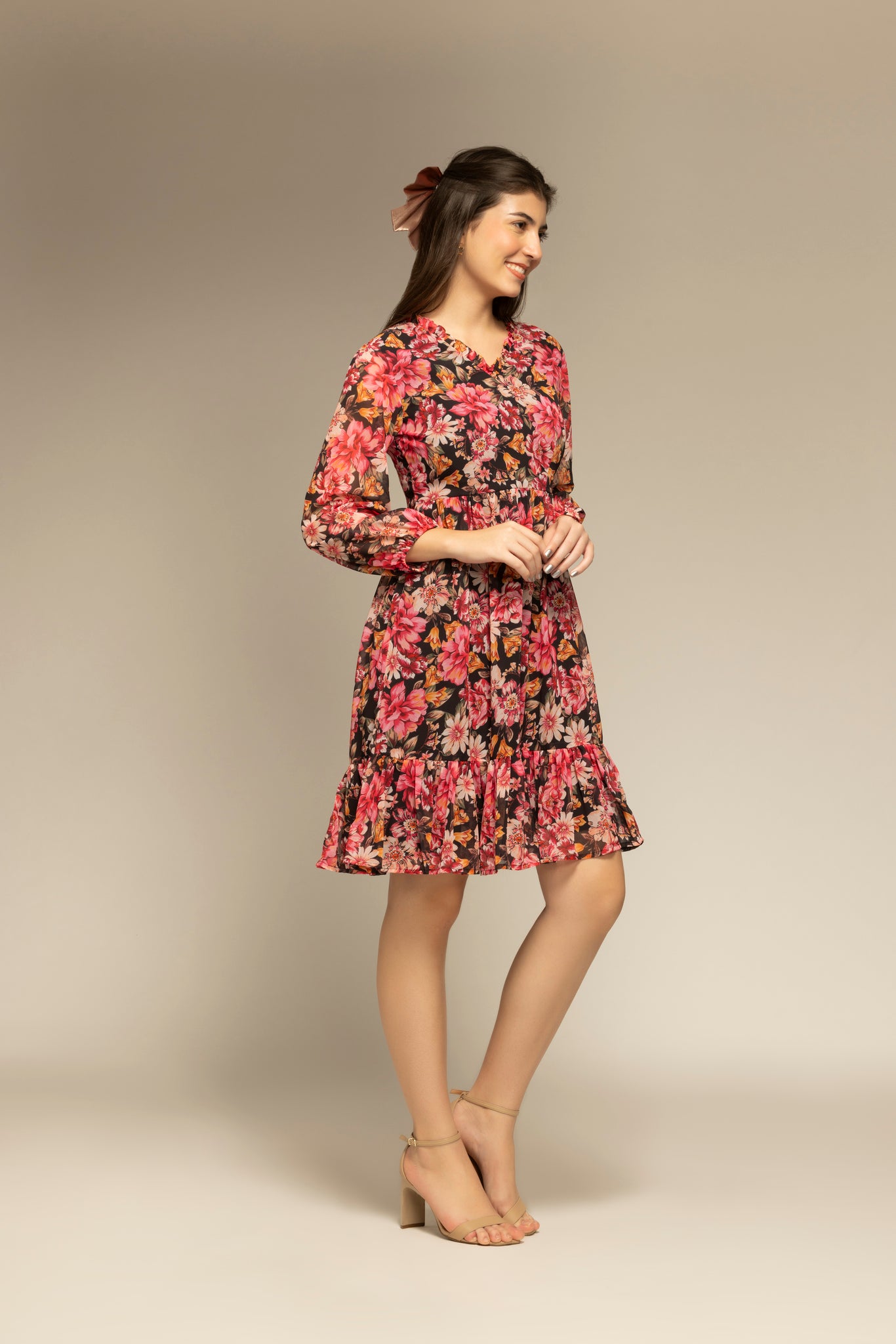 Black Floral Printed Mini Dress