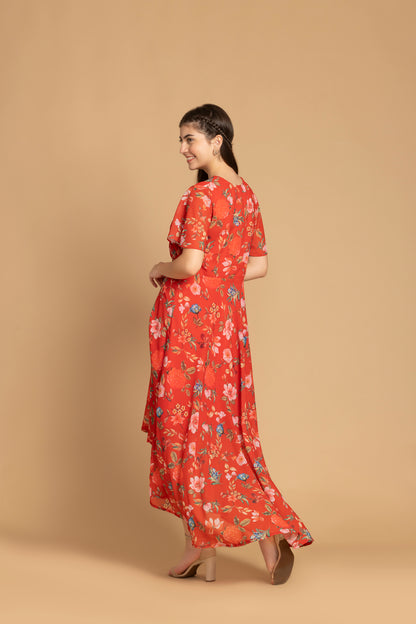 Chilli Red Floral Printed With Self Febric Belt