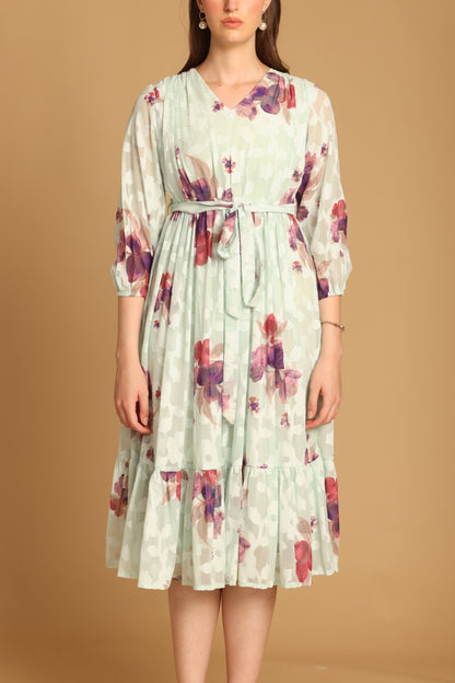 Sea Green Floral Printed A-Line Dress