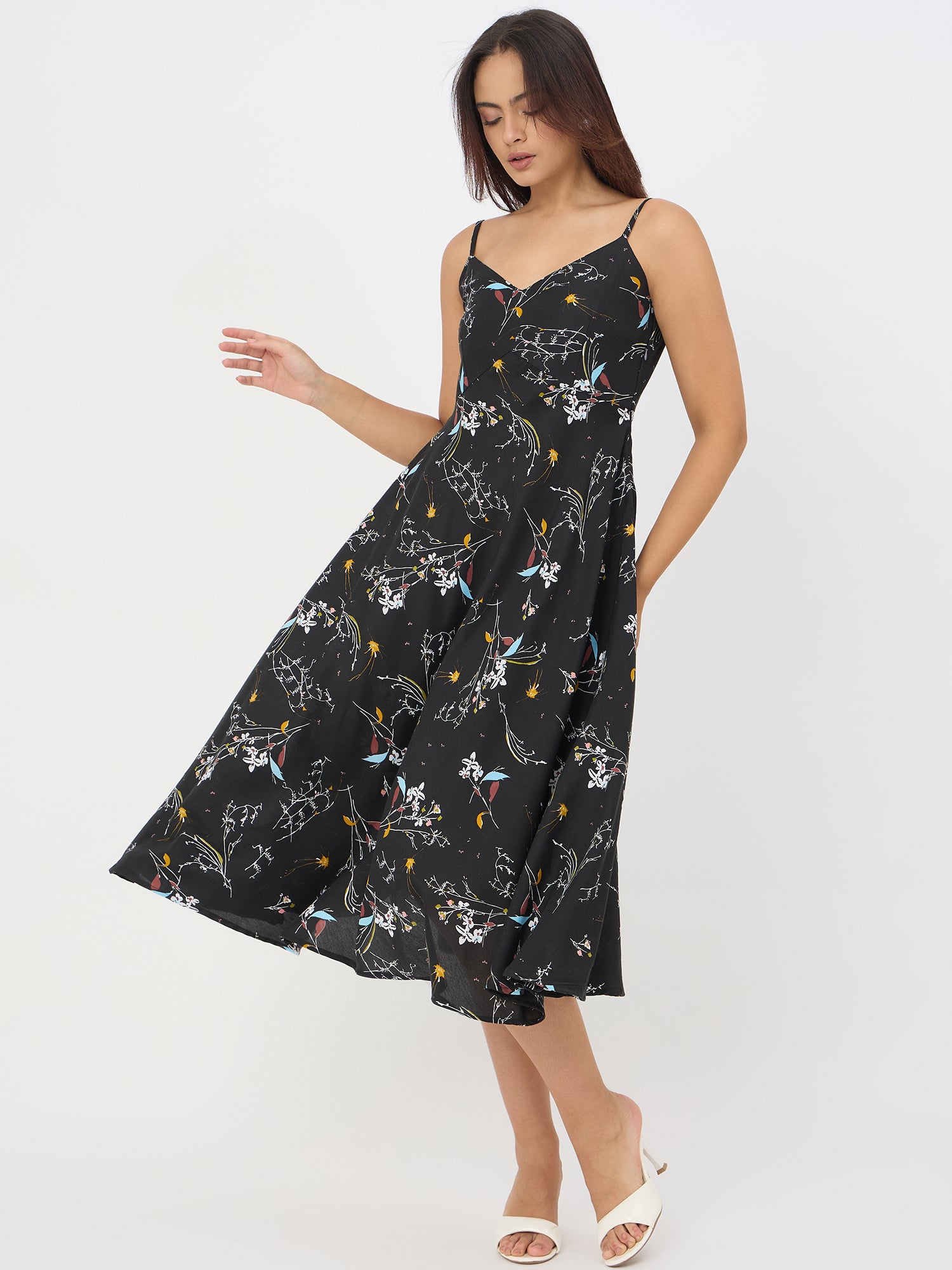 Black Floral Printed Streppy Dress
