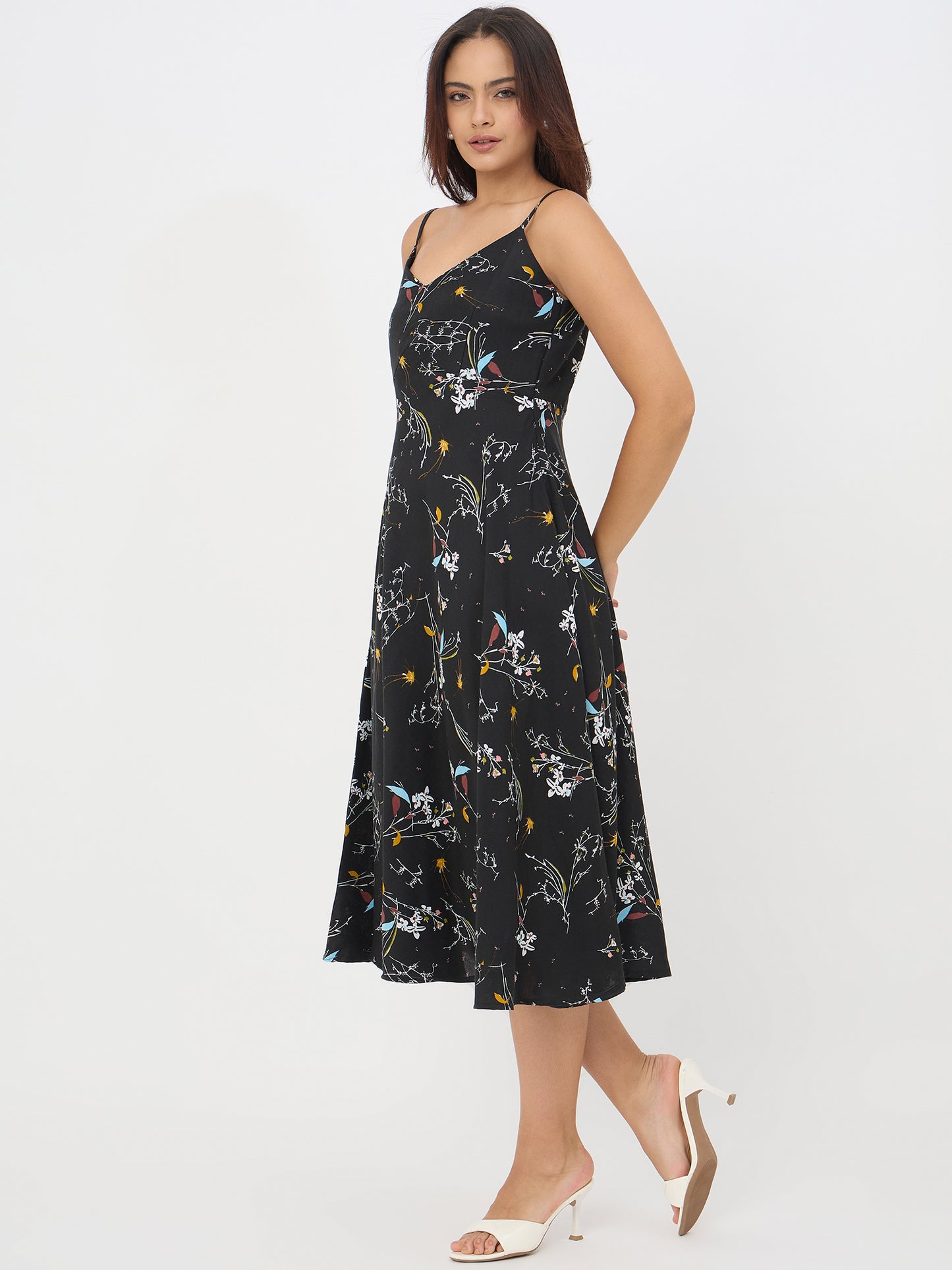 Black Floral Printed Streppy Dress