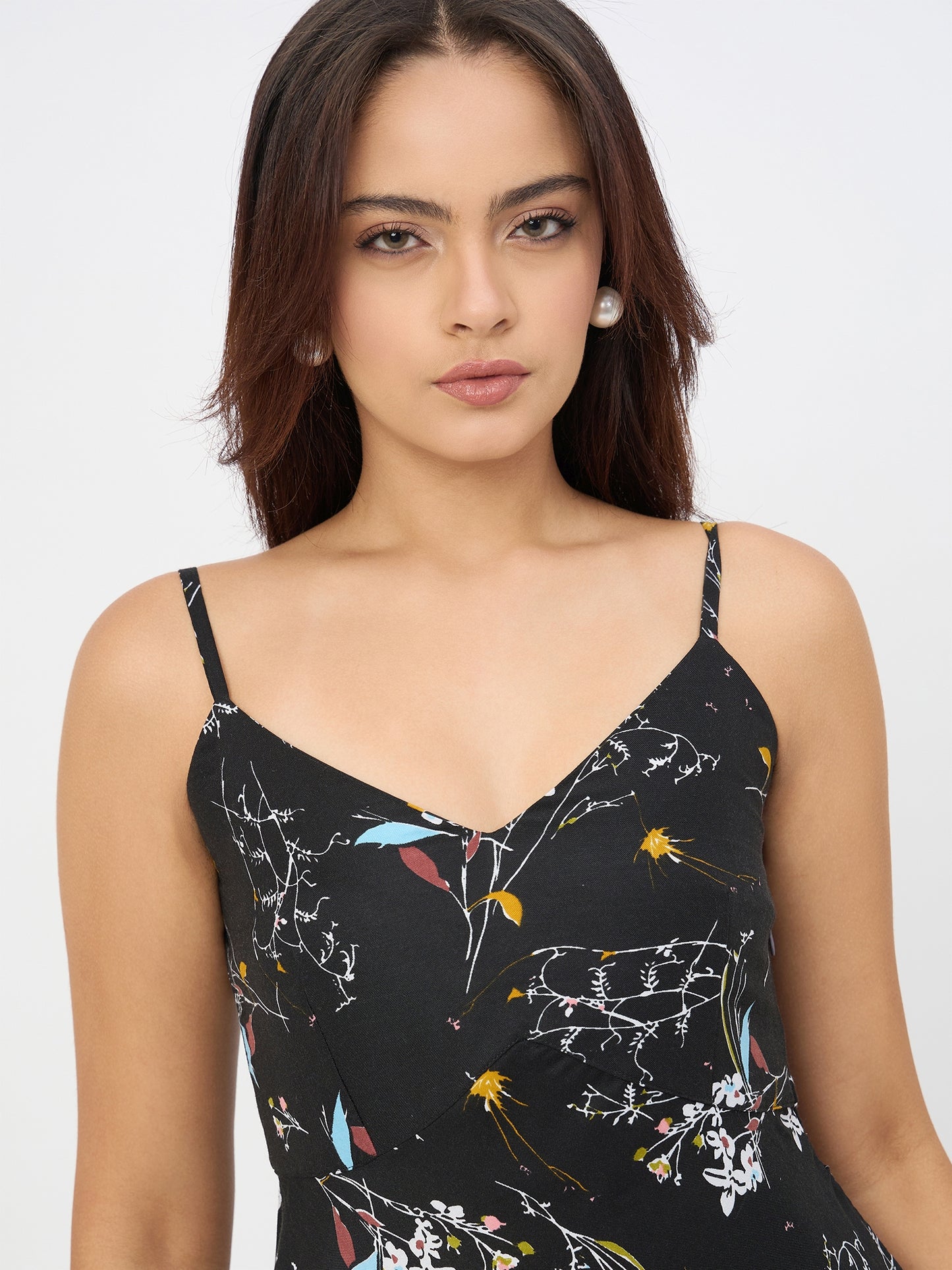 Black Floral Printed Streppy Dress