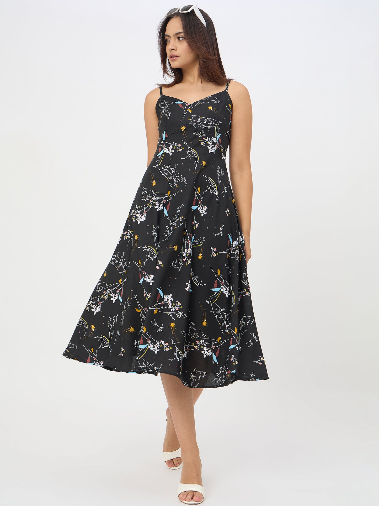 Black Floral Printed Streppy Dress