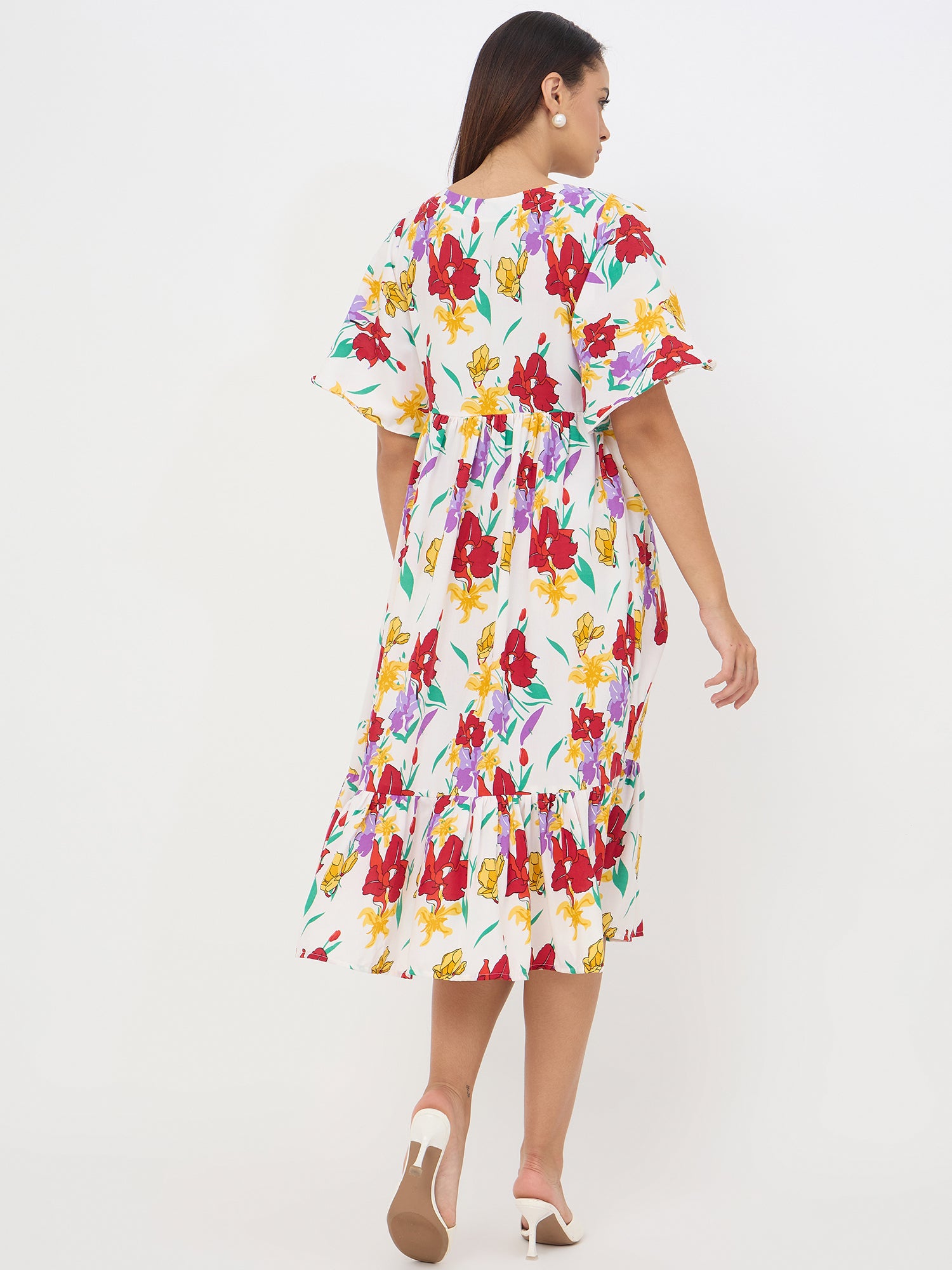 White Floral Printed Flared Dress