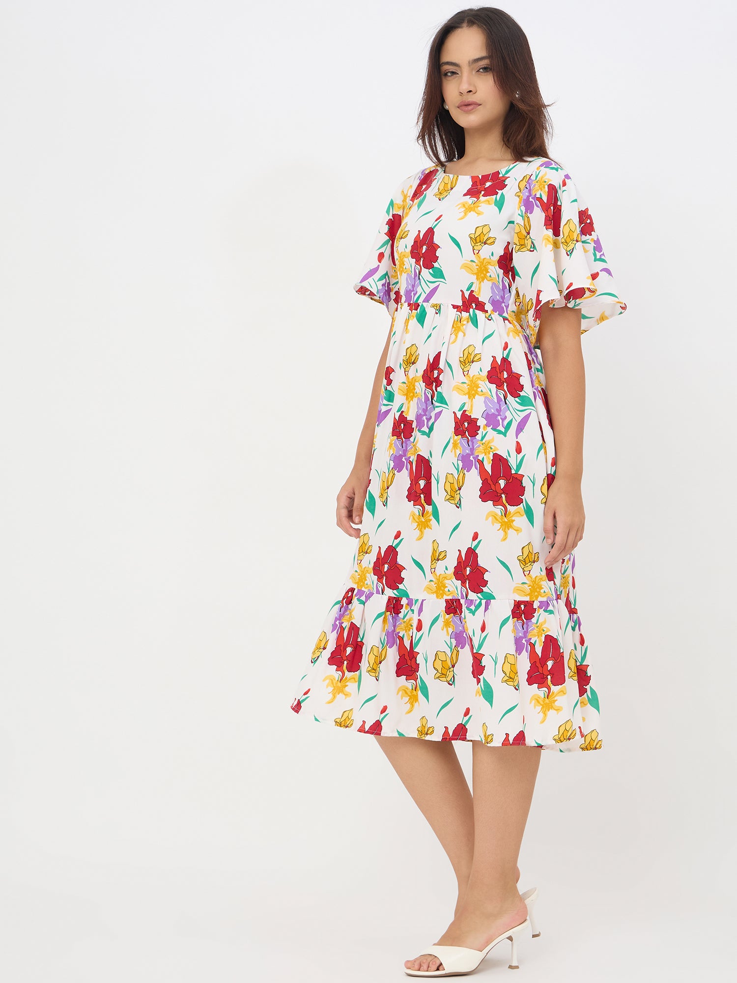 White Floral Printed Flared Dress