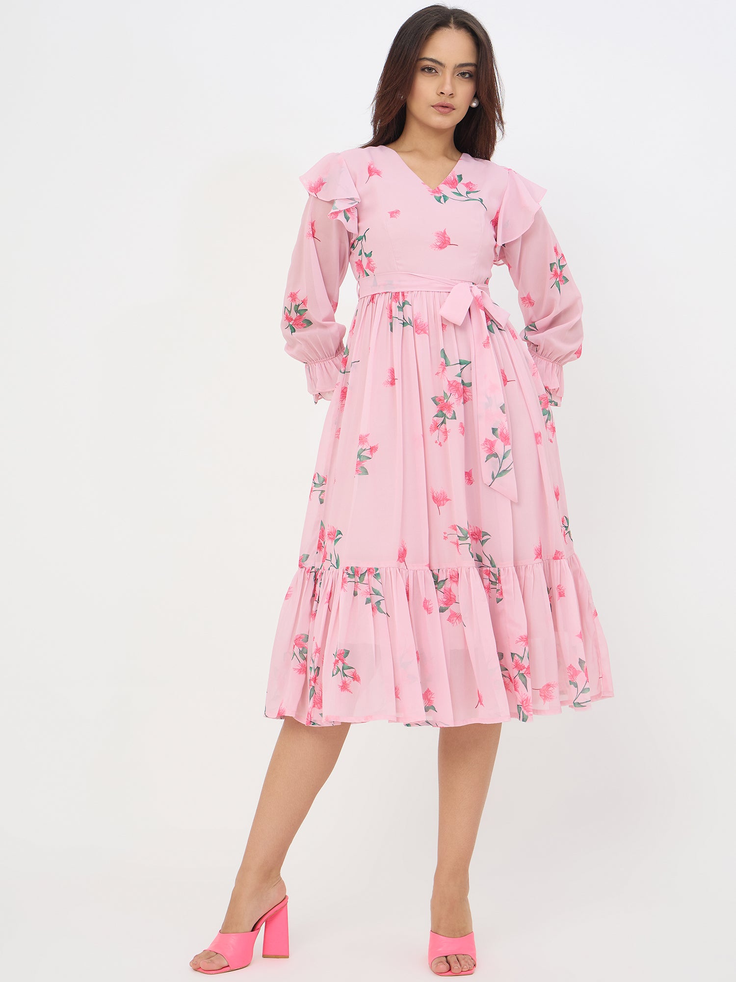 Light Pink Floral Printed Tie-up Maxi Dress