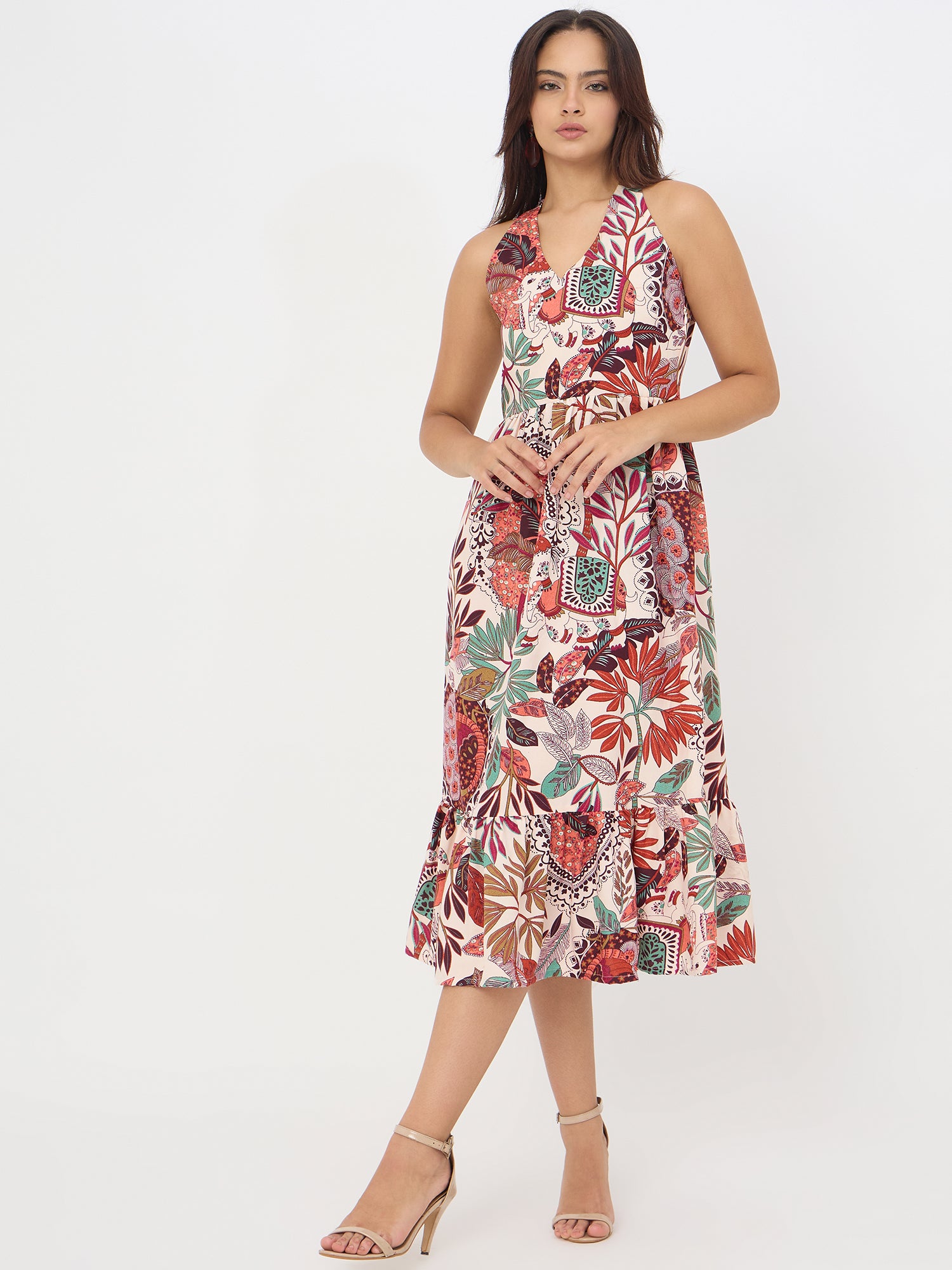 White Floral Printed Sleveeless Maxi Dress