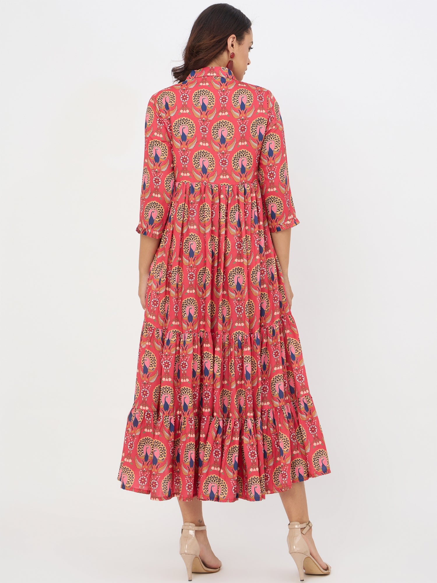 Red Peacock Printed Flared Maxi Dress