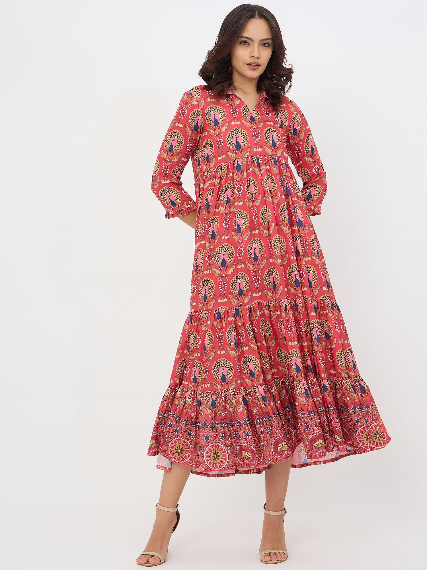 Red Peacock Printed Flared Maxi Dress