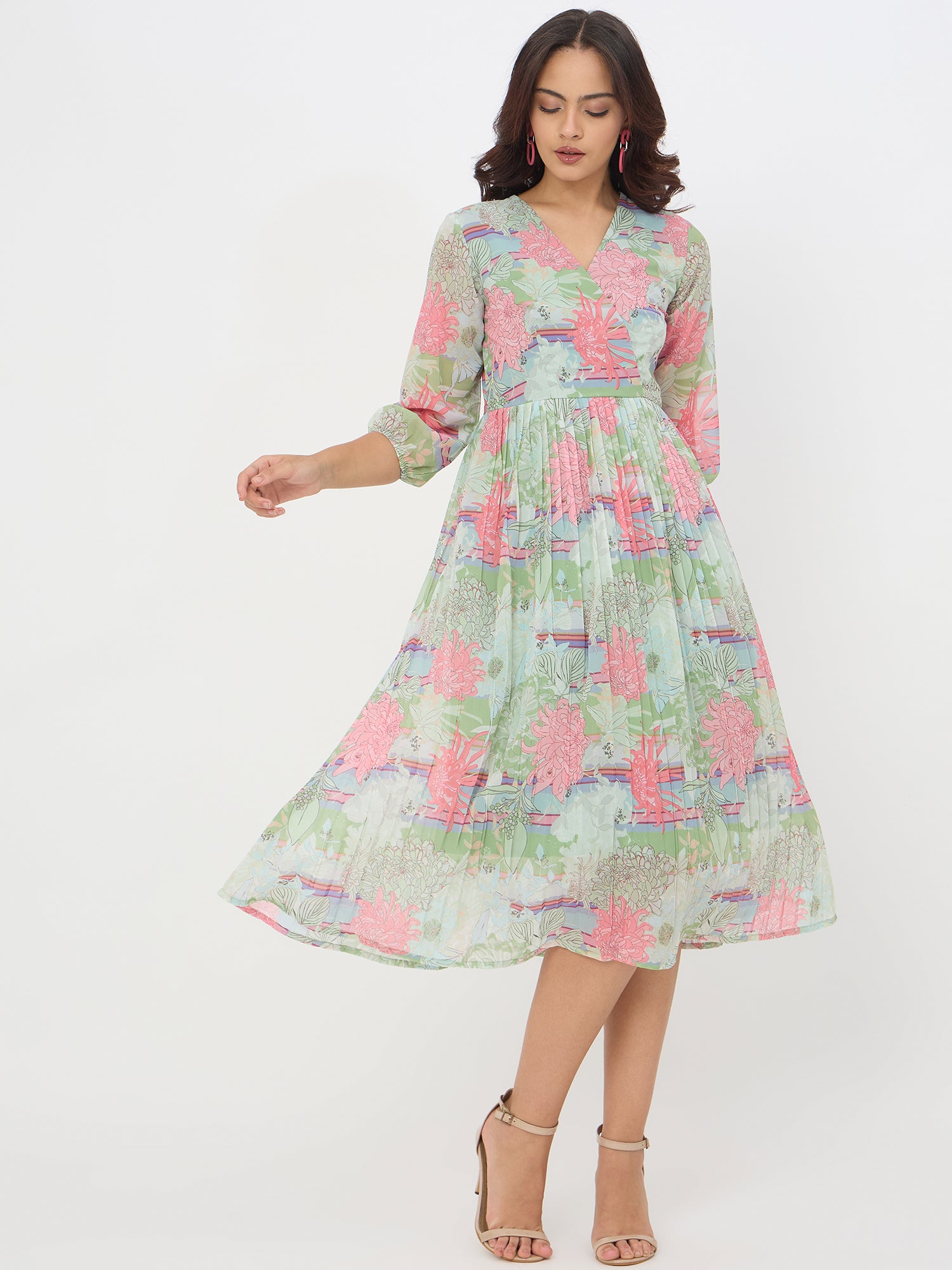 Perrot green Floral Printed Crushed Flared Dress