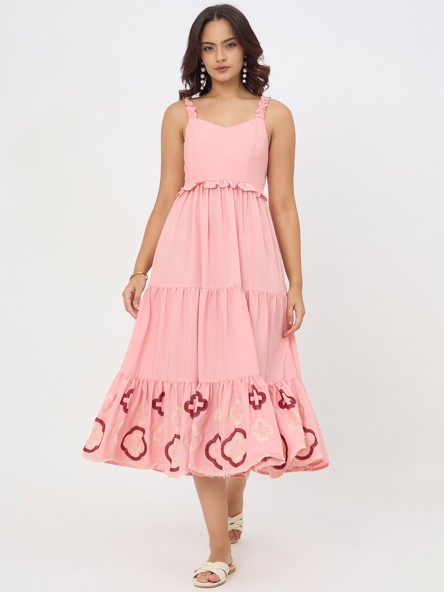 Pink Blosam Embroidery Layerd Dress