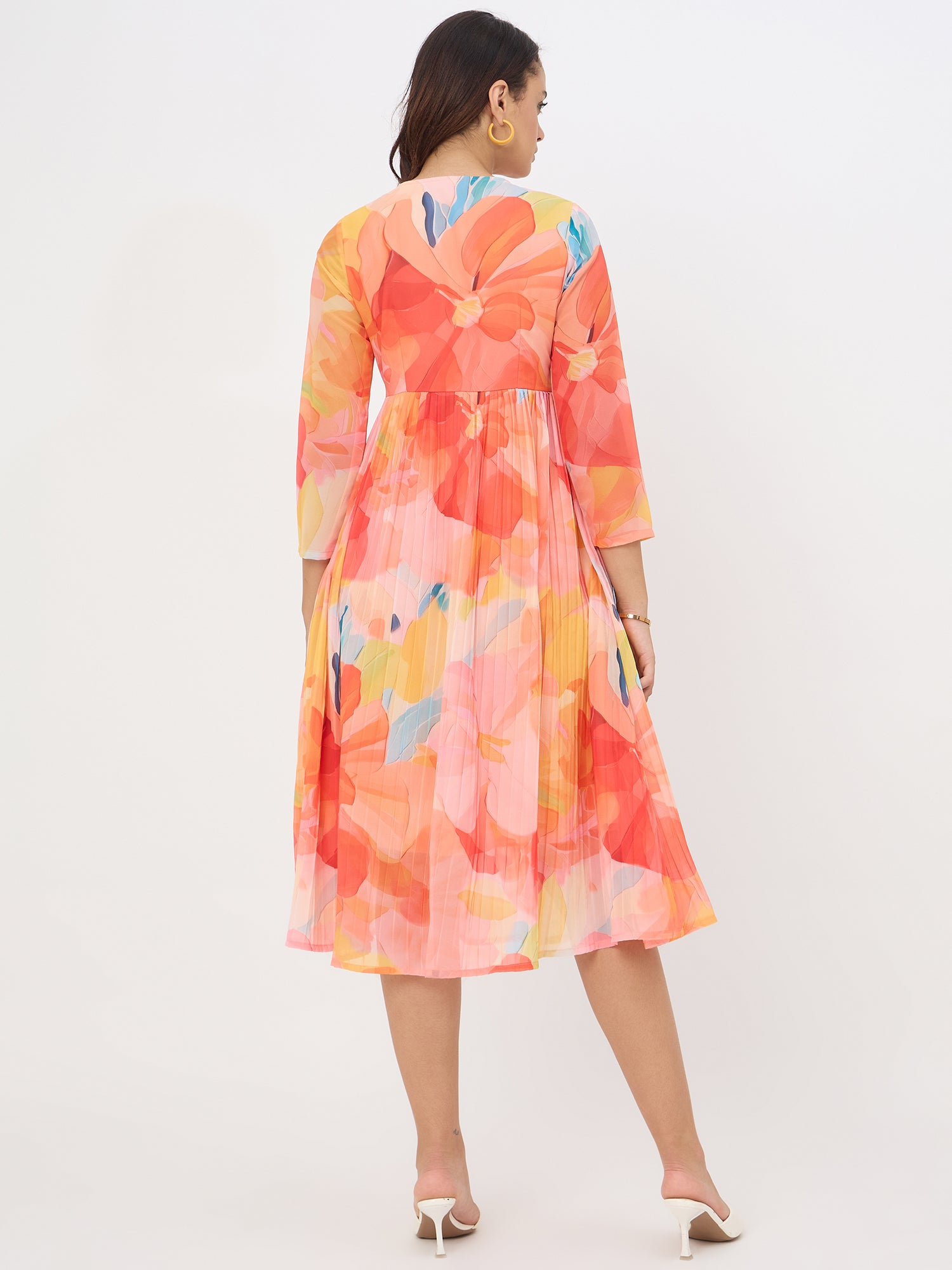 Orange Floral Printed Crushed Flared Dress