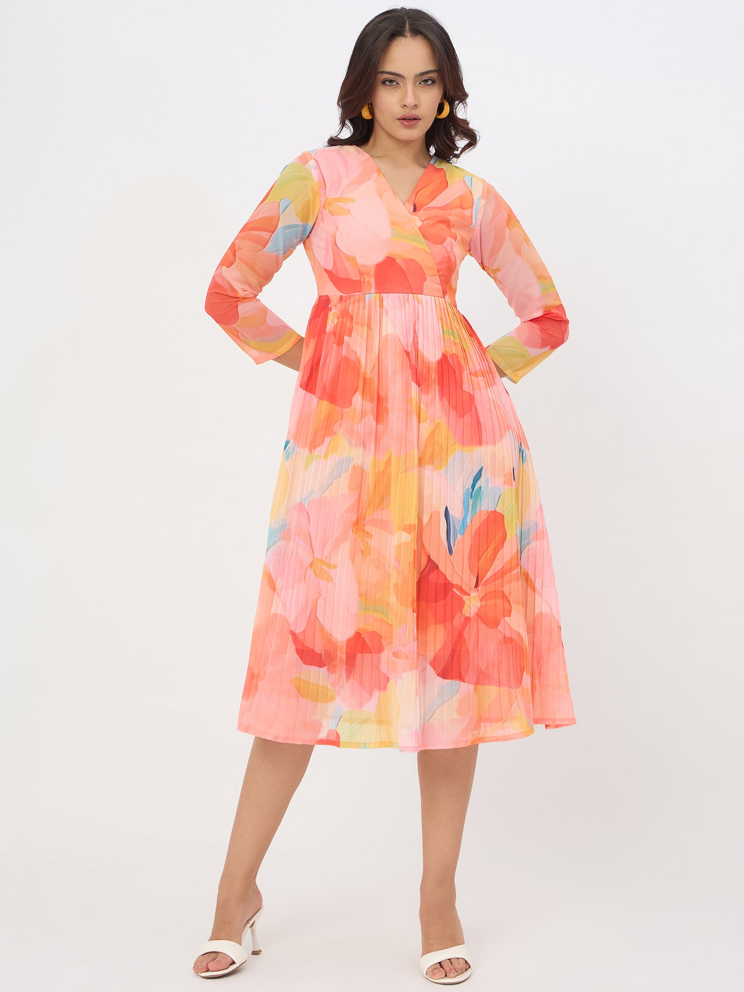 Orange Floral Printed Crushed Flared Dress