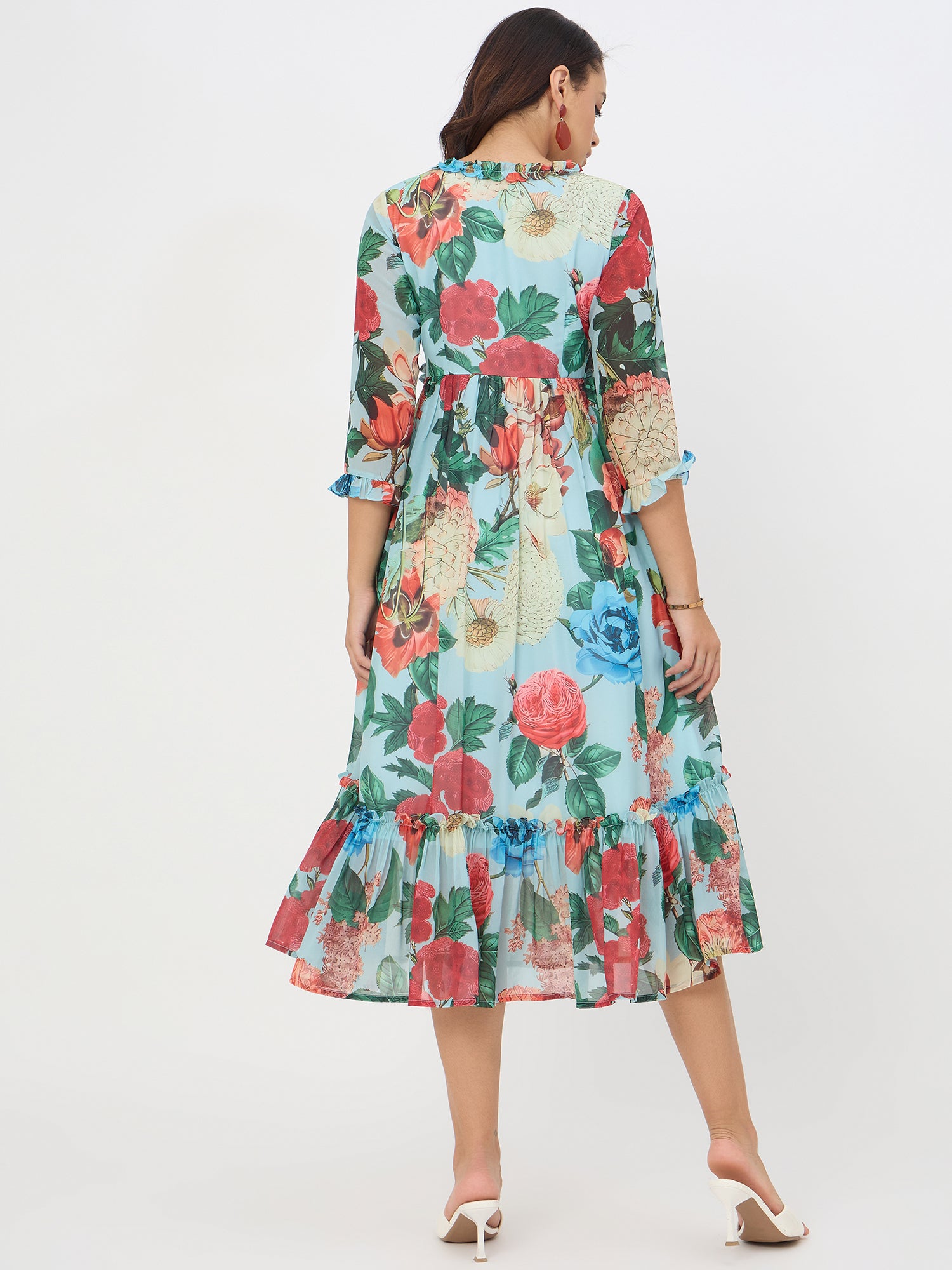 Sky Blue Floral Printed Frilled Maxi Flared Dress