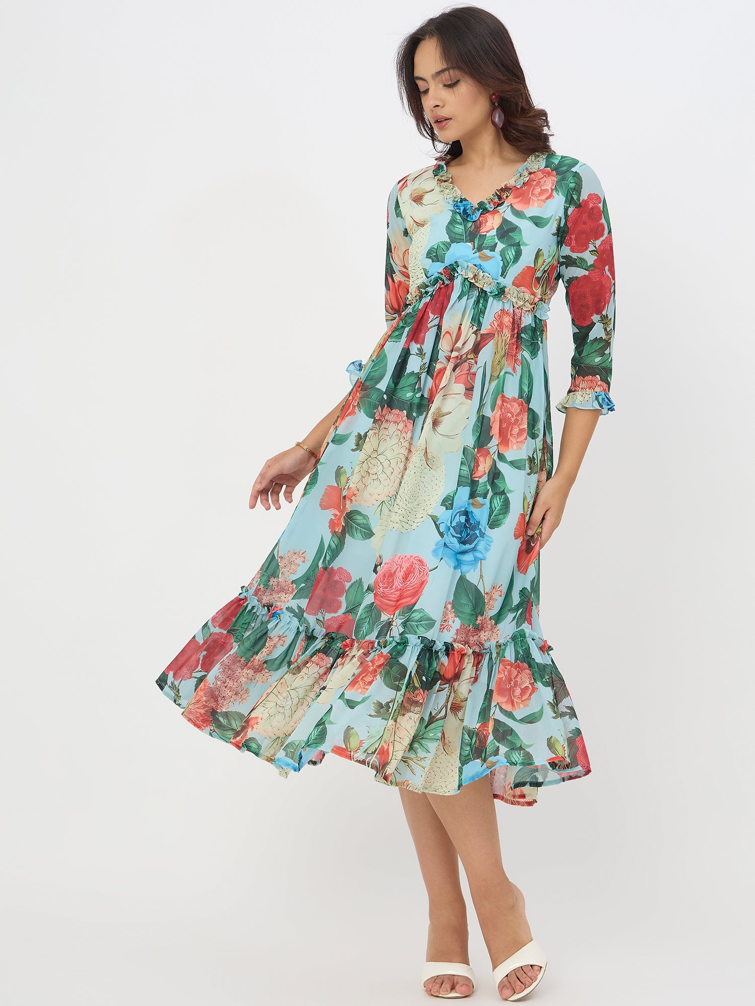 Sky Blue Floral Printed Frilled Maxi Flared Dress