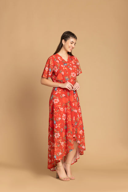 Chilli Red Floral Printed With Self Febric Belt