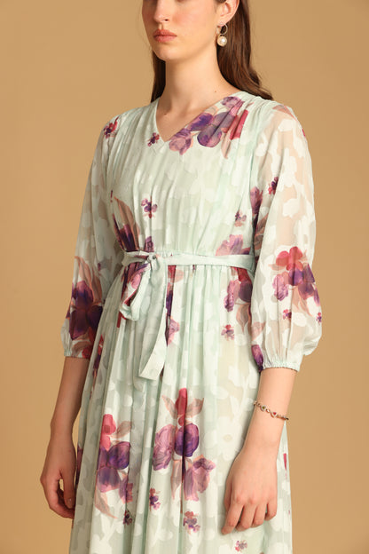 Sea Green Floral Printed A-Line Dress