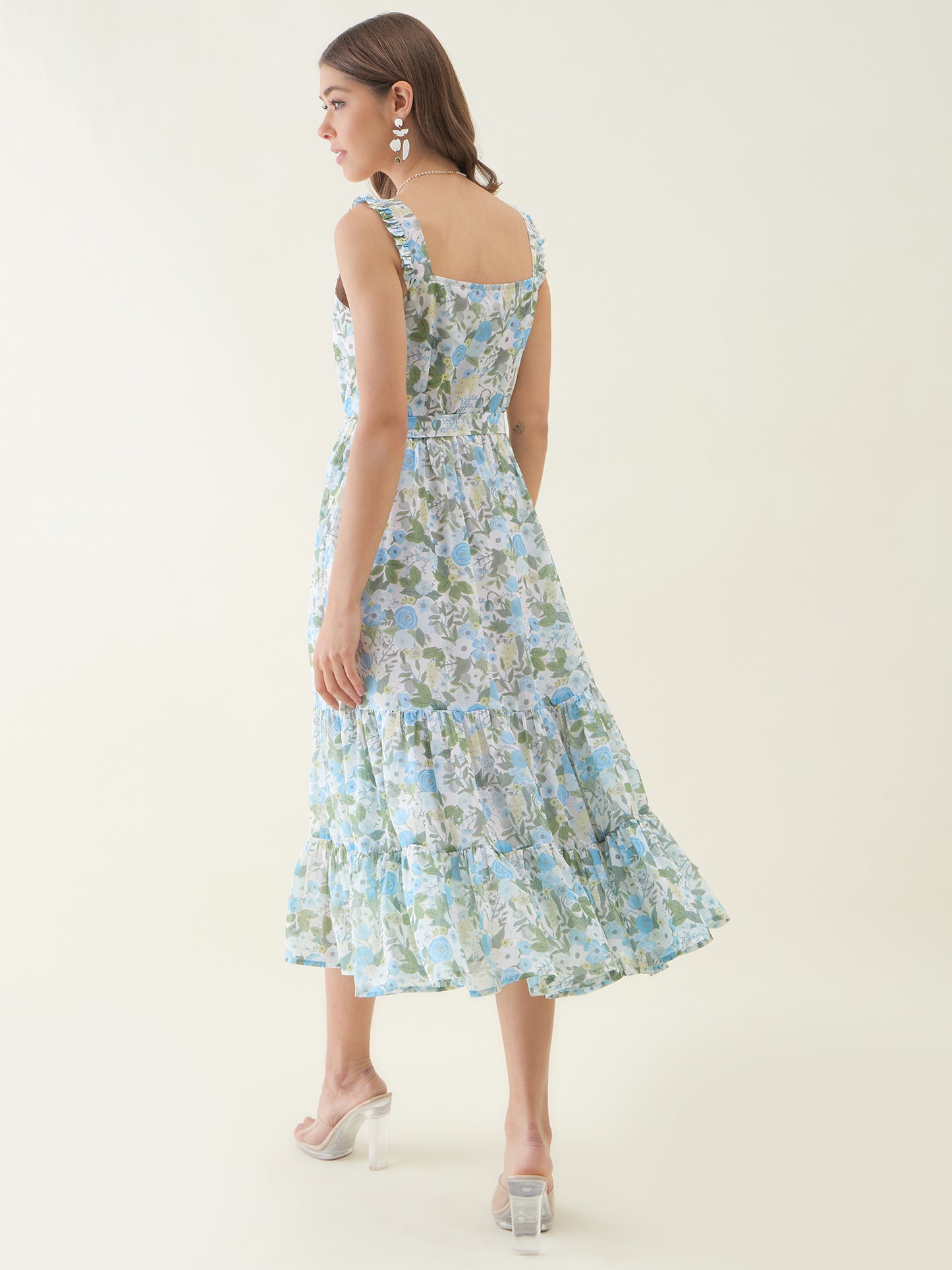 White Shoulder Floral Print Straps Fit & Flare Dress