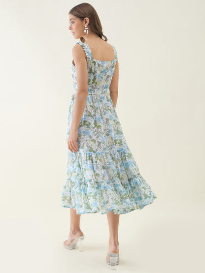 White Shoulder Floral Print Straps Fit & Flare Dress