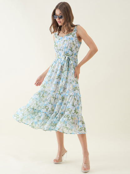 White Shoulder Floral Print Straps Fit & Flare Dress