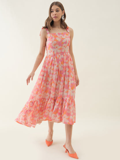 Pink Floral Printed Selveeless Flared Dress